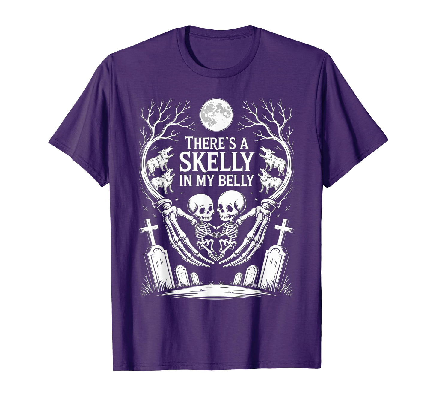 Funny Skeleton There's Skelly in My Belly Pregnant Halloween T-Shirt