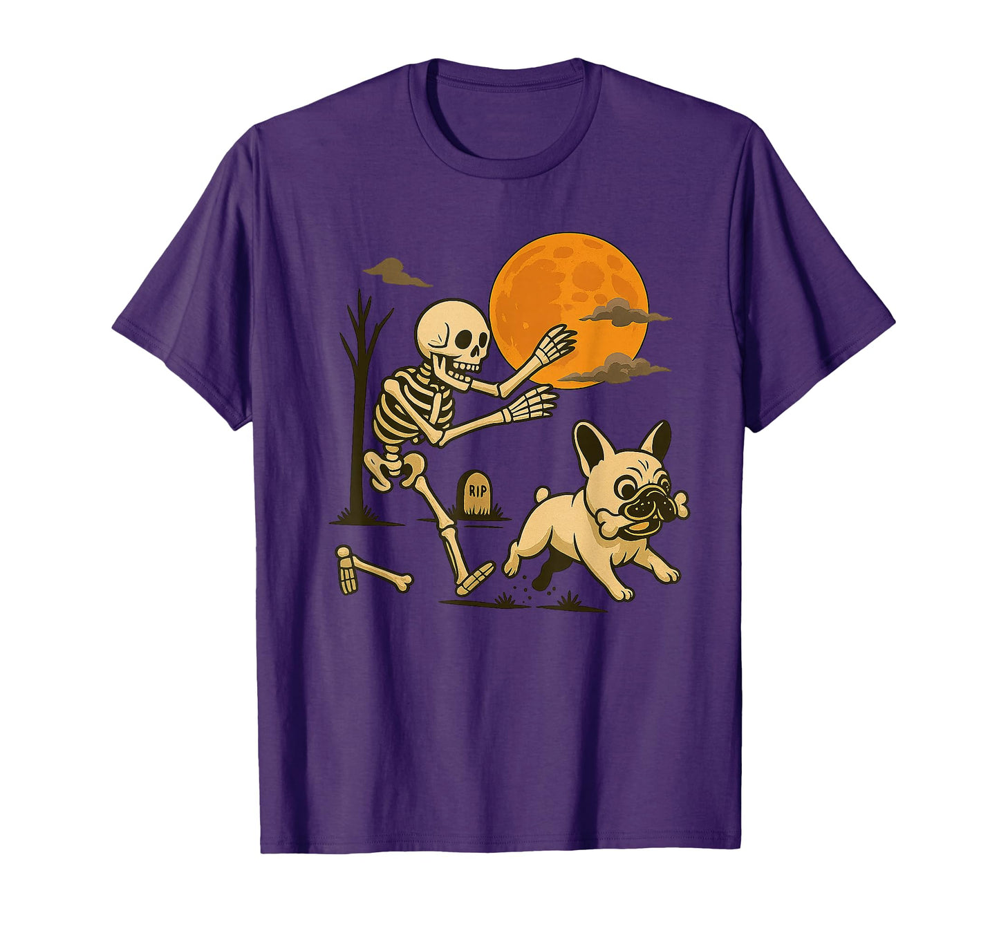 Skeleton Chasing French Bulldog Halloween Dog Mom Pet Lover T-Shirt