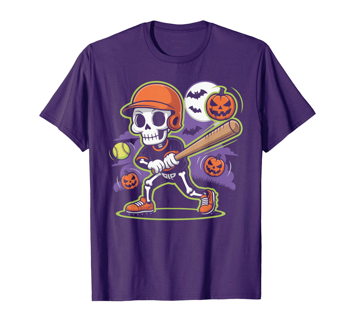 Spooky Season Skeleton Baseball Player Halloween Moon Kids T-Shirt