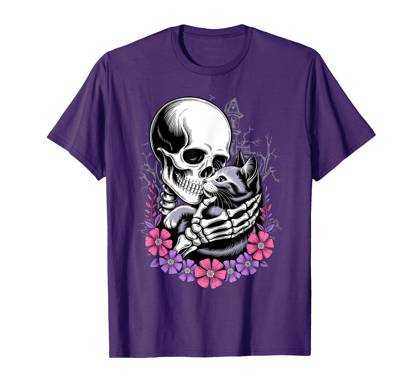 Skeleton Hugging Black Cat Flowers Halloween Women Girls T-Shirt