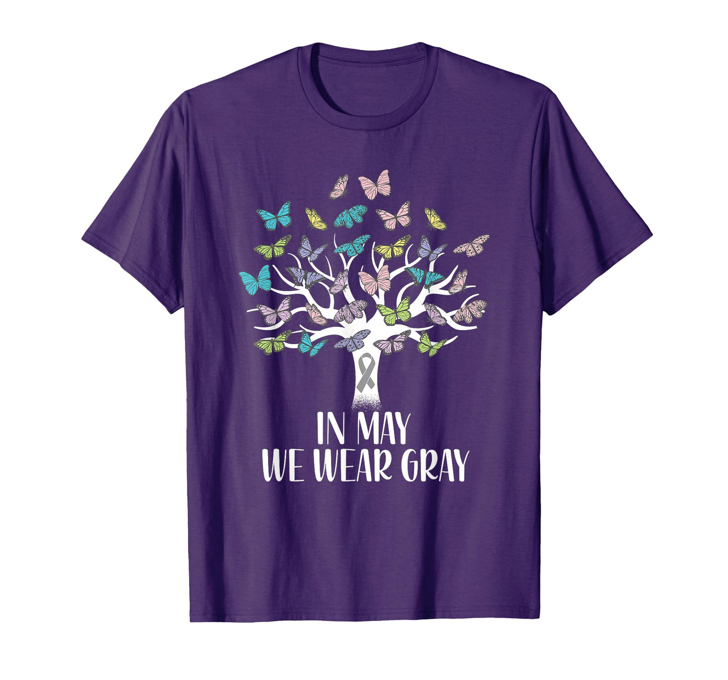 In May We Wear Gray Brain Cancer Awareness Butterfly Tree T-Shirt