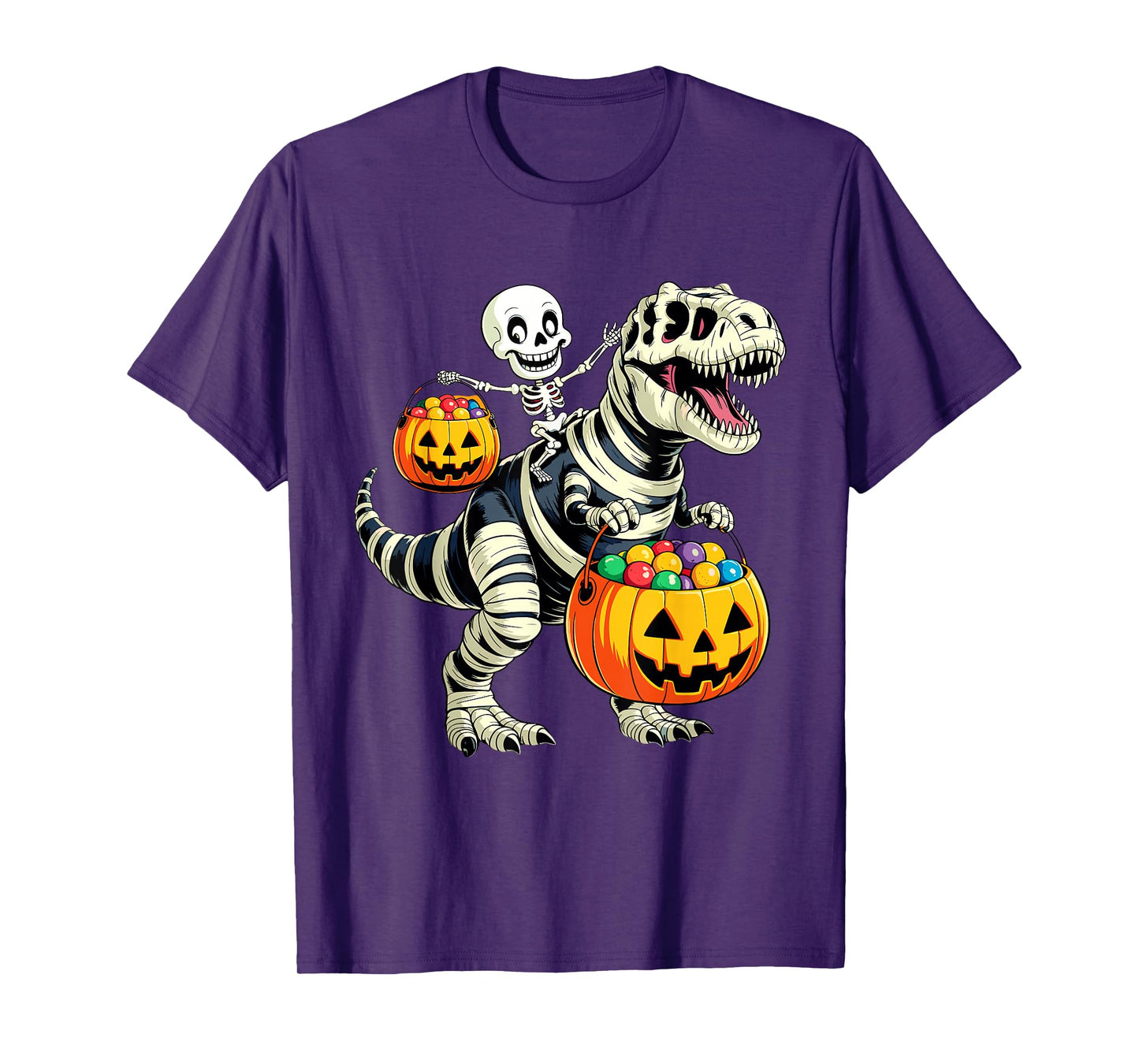 Skeleton Riding Mummy Dinosaur Trex Spooky Pumpkin Halloween T-Shirt