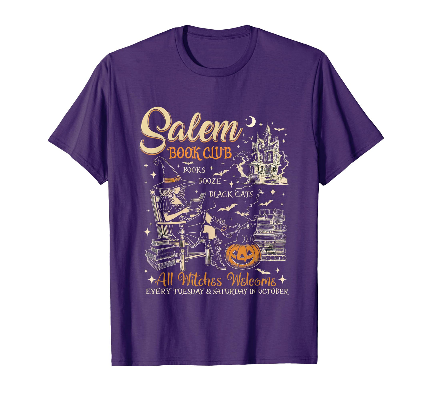 Vintage Salem-Book Booze Bats Book Club All Witches Welcome T-Shirt