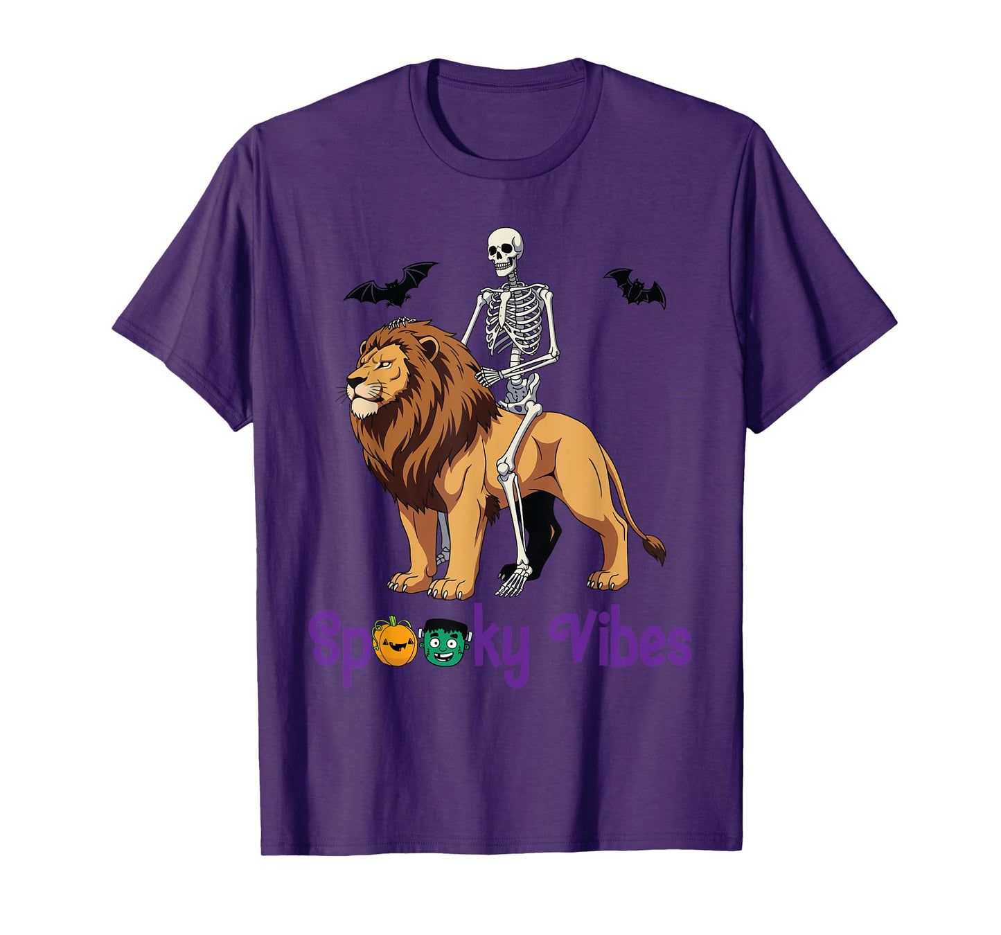 Skeleton Riding Lion with Bats Funny Halloween Spooky Vibes T-Shirt