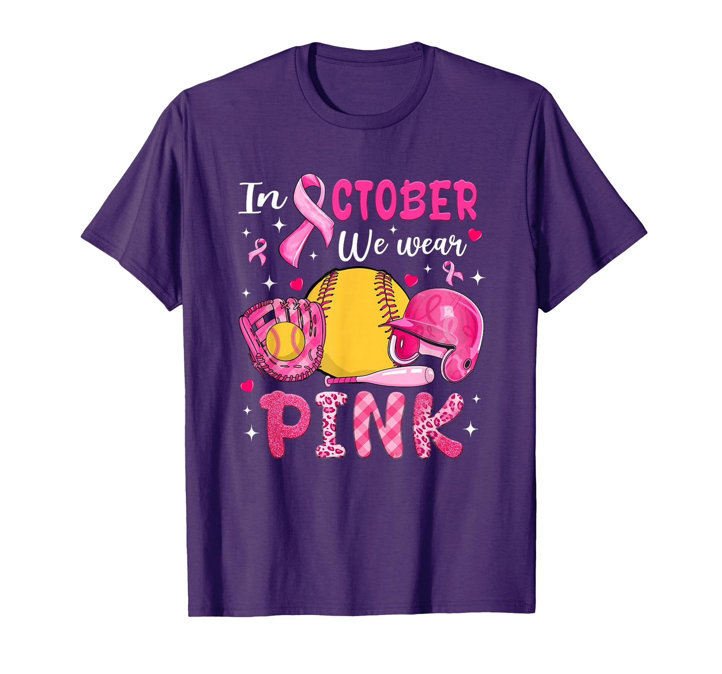 in October We Wear Pink Softball Breast Cancer Awareness T-Shirt