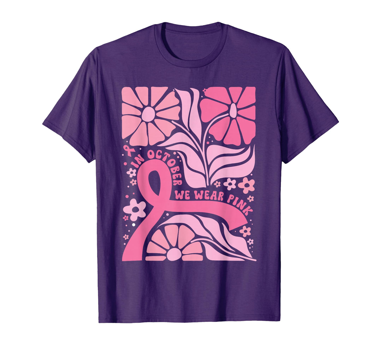 in October We Wear Pink Breast Cancer Awareness Boho Flowers T-Shirt