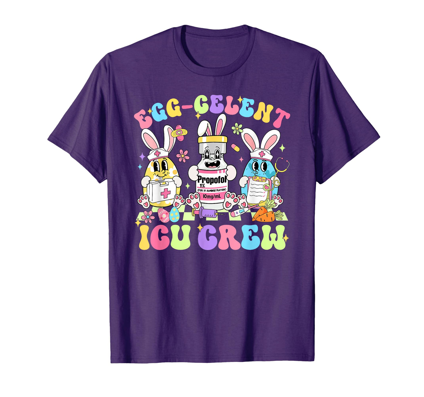Egg-celent ICU Crew Nurse Retro Groovy Bunny Easter Day T-Shirt