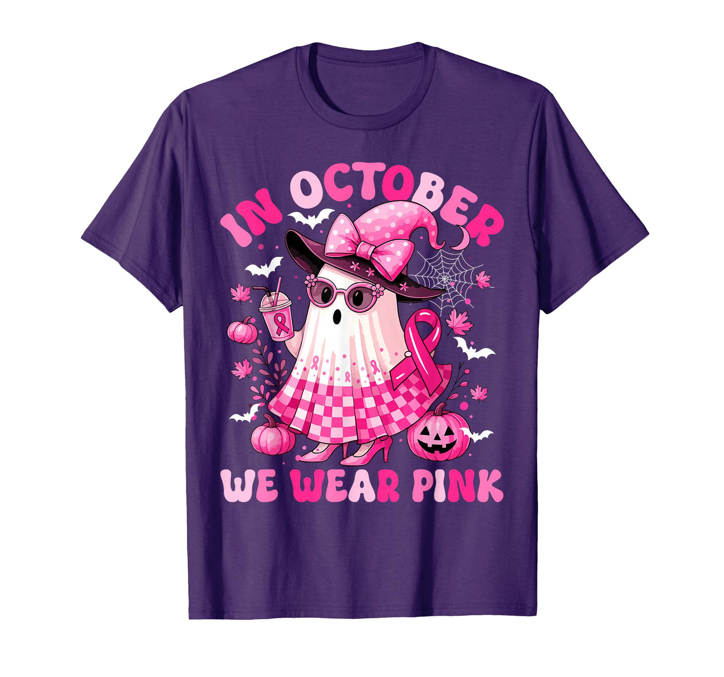 Breast Cancer Women Girl Bow Ghost in October We Wear Pink T-Shirt