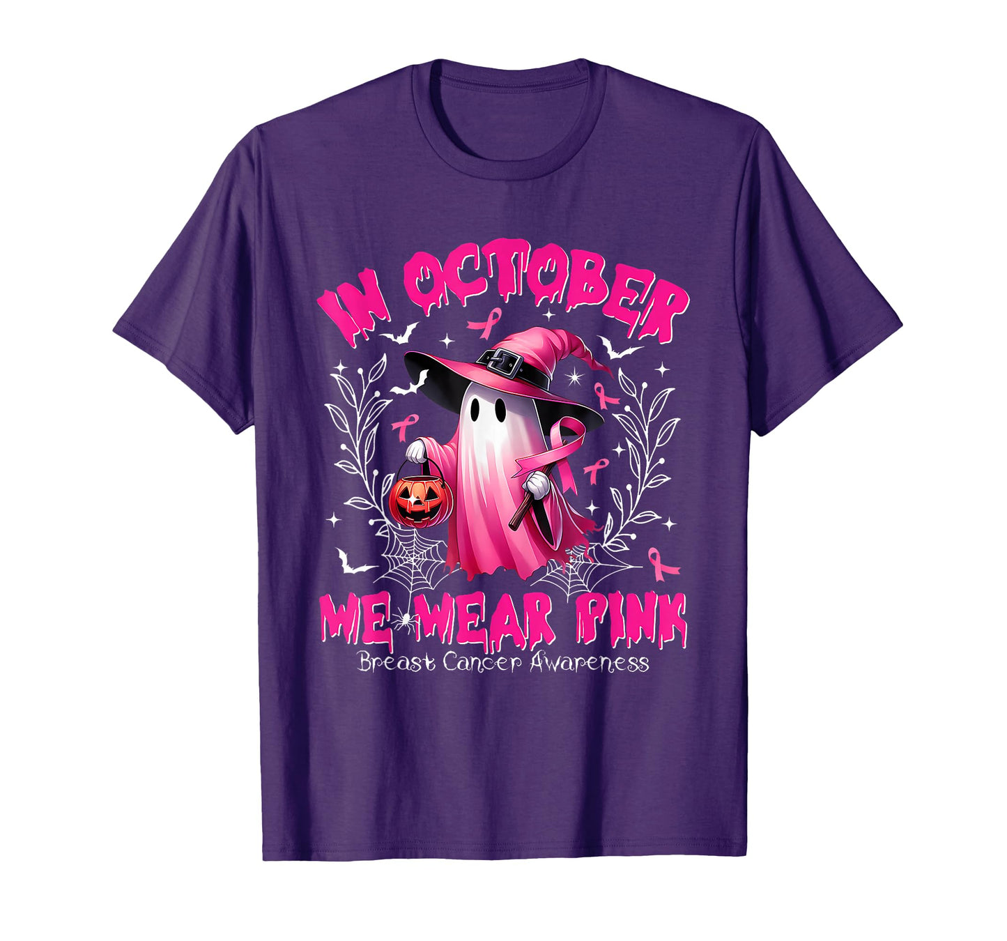 in October We Wear Pink Ghost Witch Breast Cancer Awareness T-Shirt
