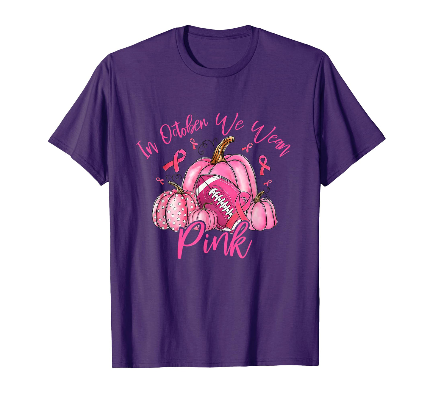 in October We Wear Pink Retro Pumpkin Football T-Shirt