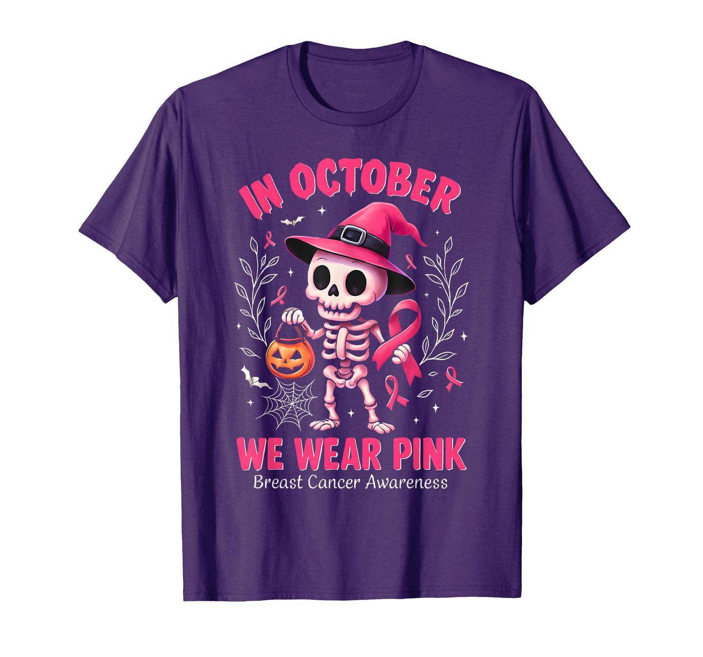 in October We Wear Pink Breast Cancer Skeleton Halloween T-Shirt