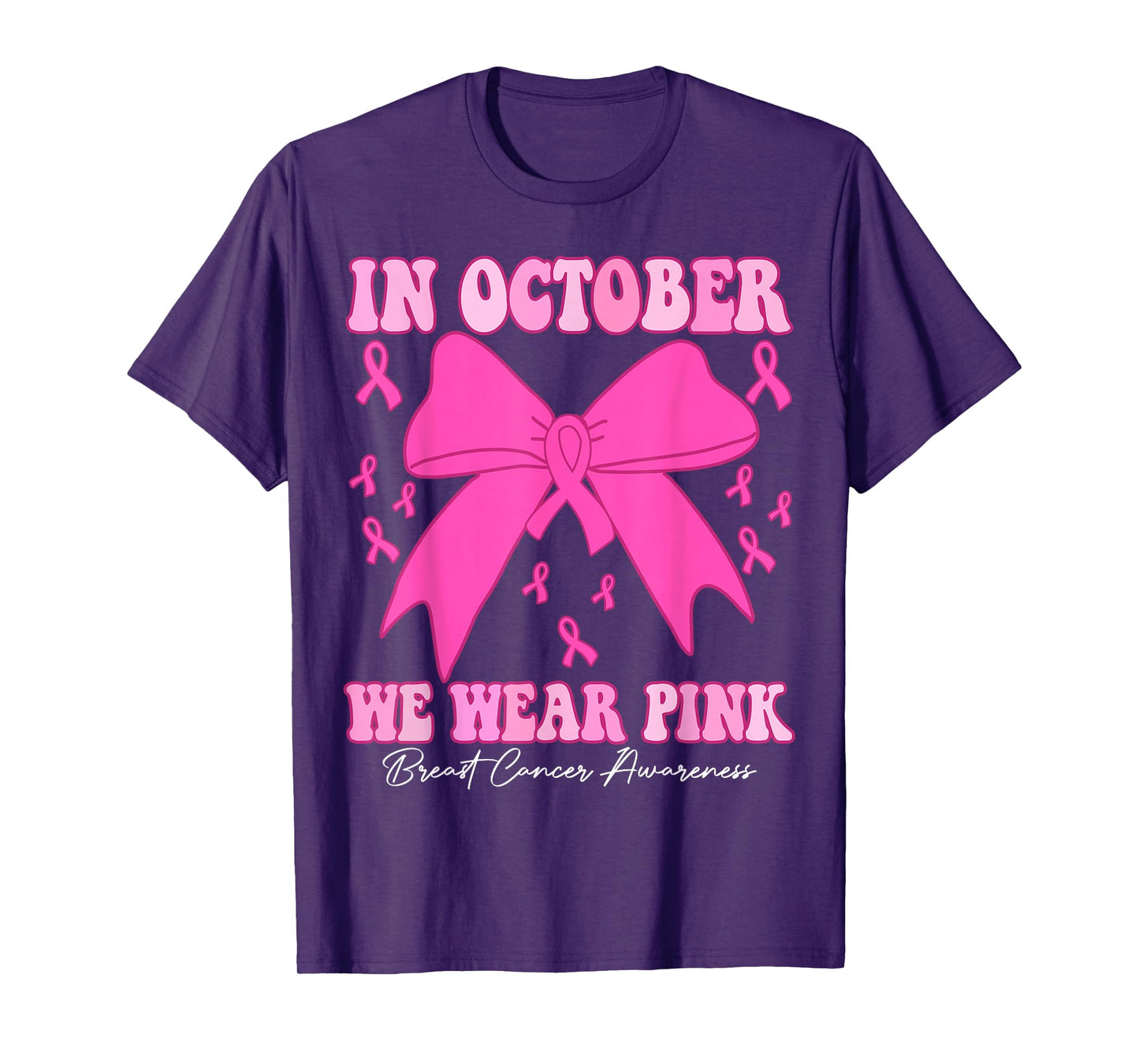 in October We Wear Pink Breast Cancer Awareness Coquette Bow T-Shirt