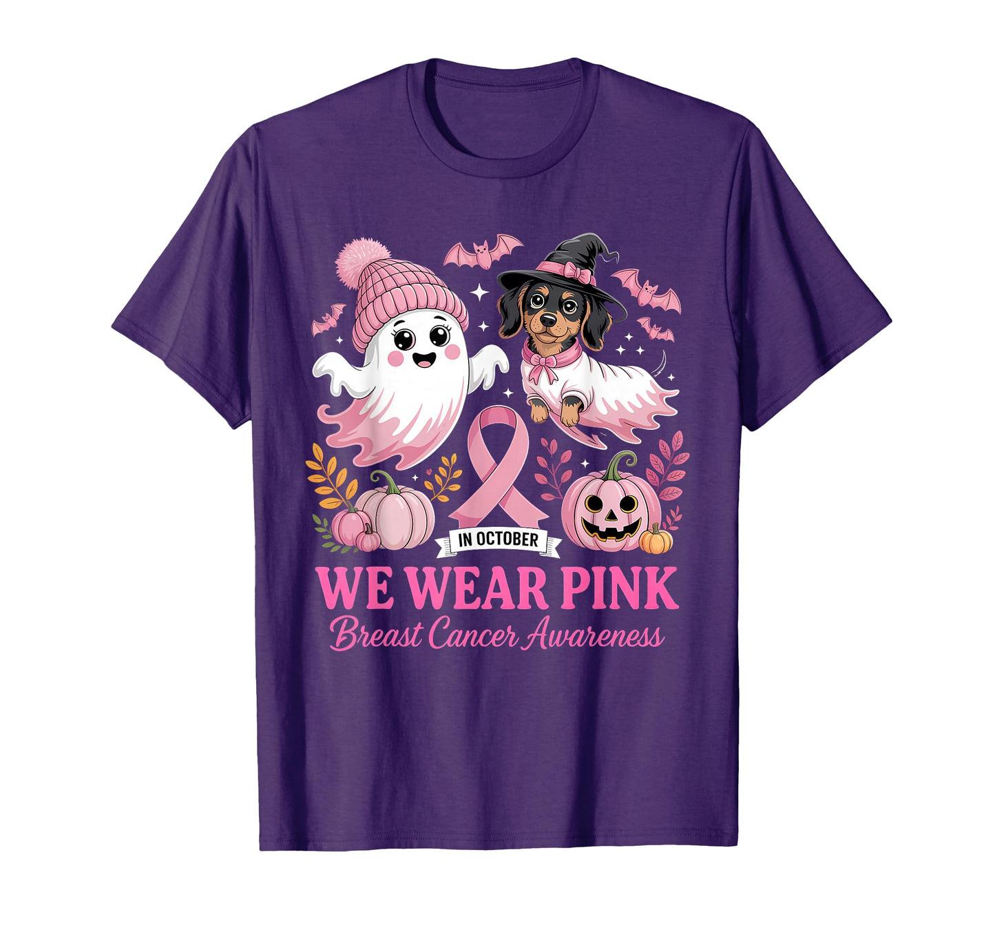 in October We Wear Pink Ghost Dachshund Breast Cancer T-Shirt
