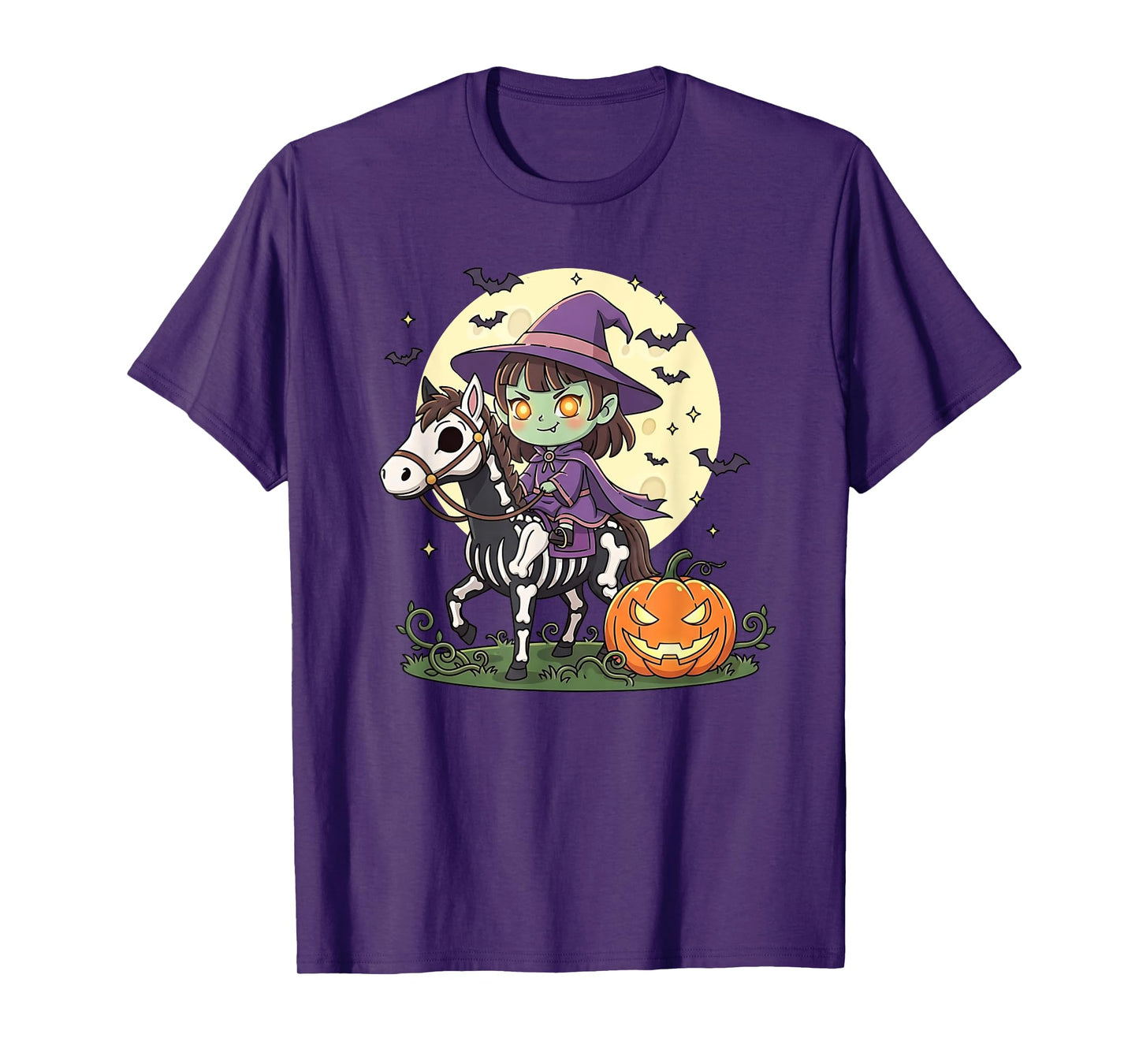 Girls Halloween Cute Witch Horse Skeleton Animal Graphic T-Shirt