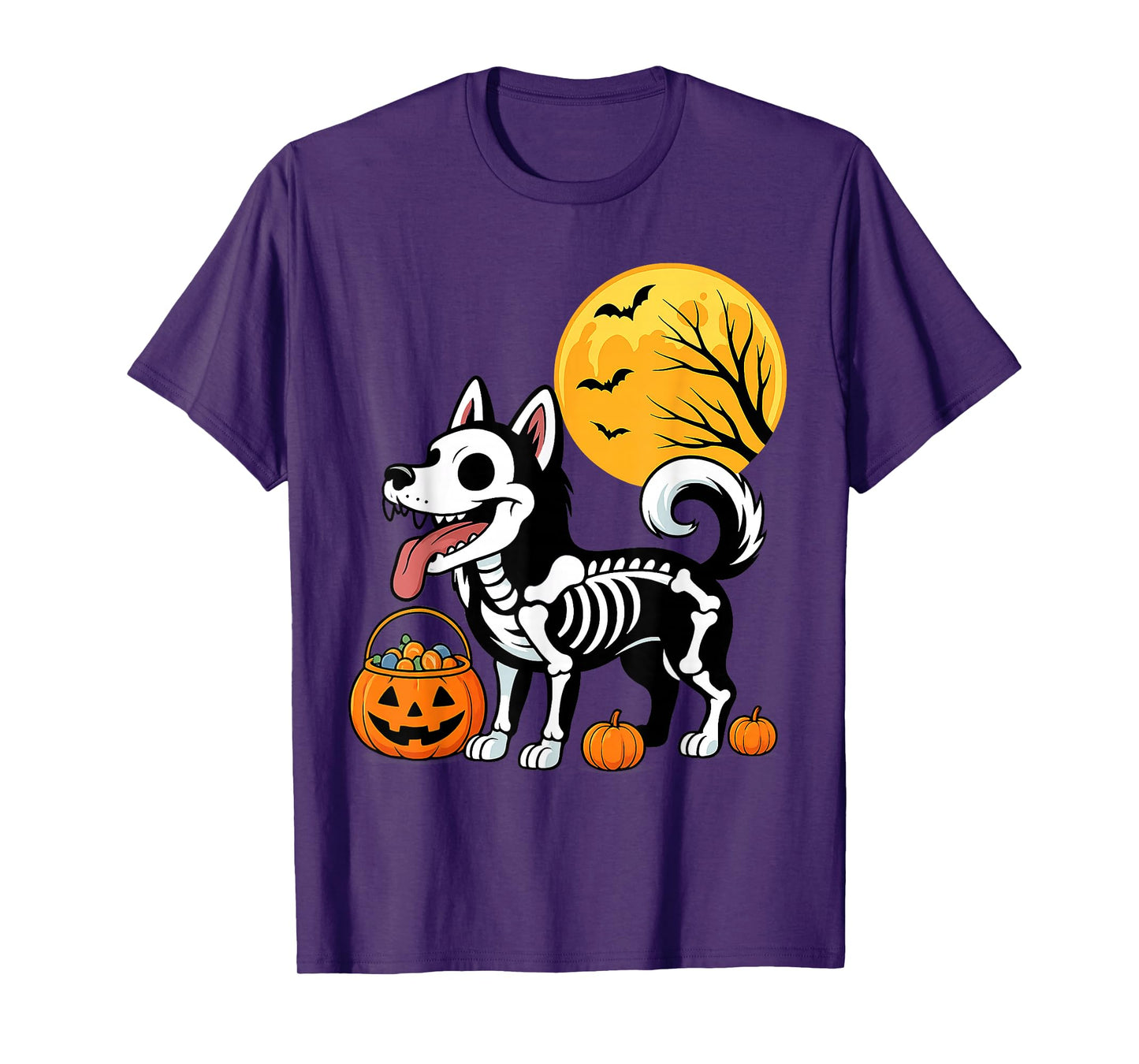 Siberian Husky Dog Skeleton Scary Pumpkin Moon Halloween T-Shirt