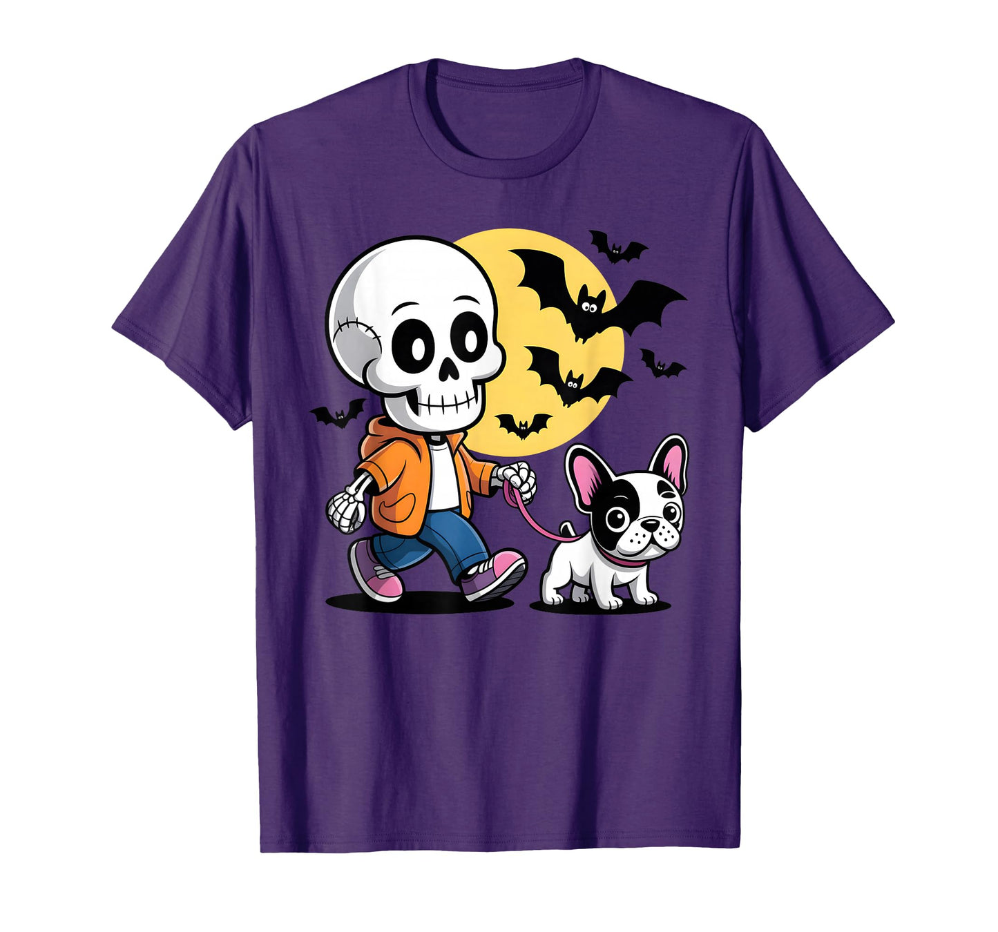 Funny Skeleton Walking Cute French Bulldog Halloween Night T-Shirt