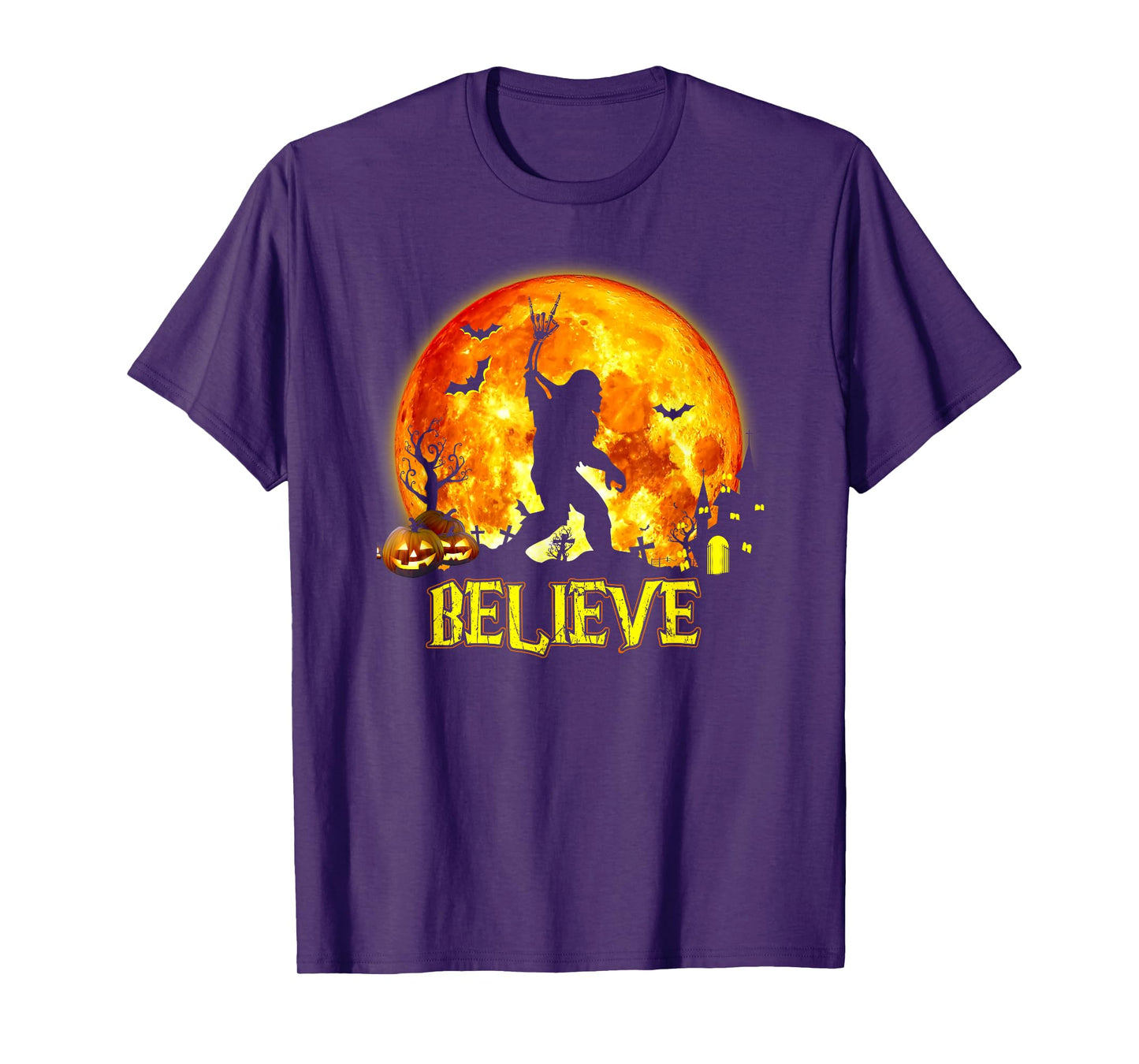 Believe Bigfoot Rock On Halloween Skeleton Hand Sasquatch T-Shirt