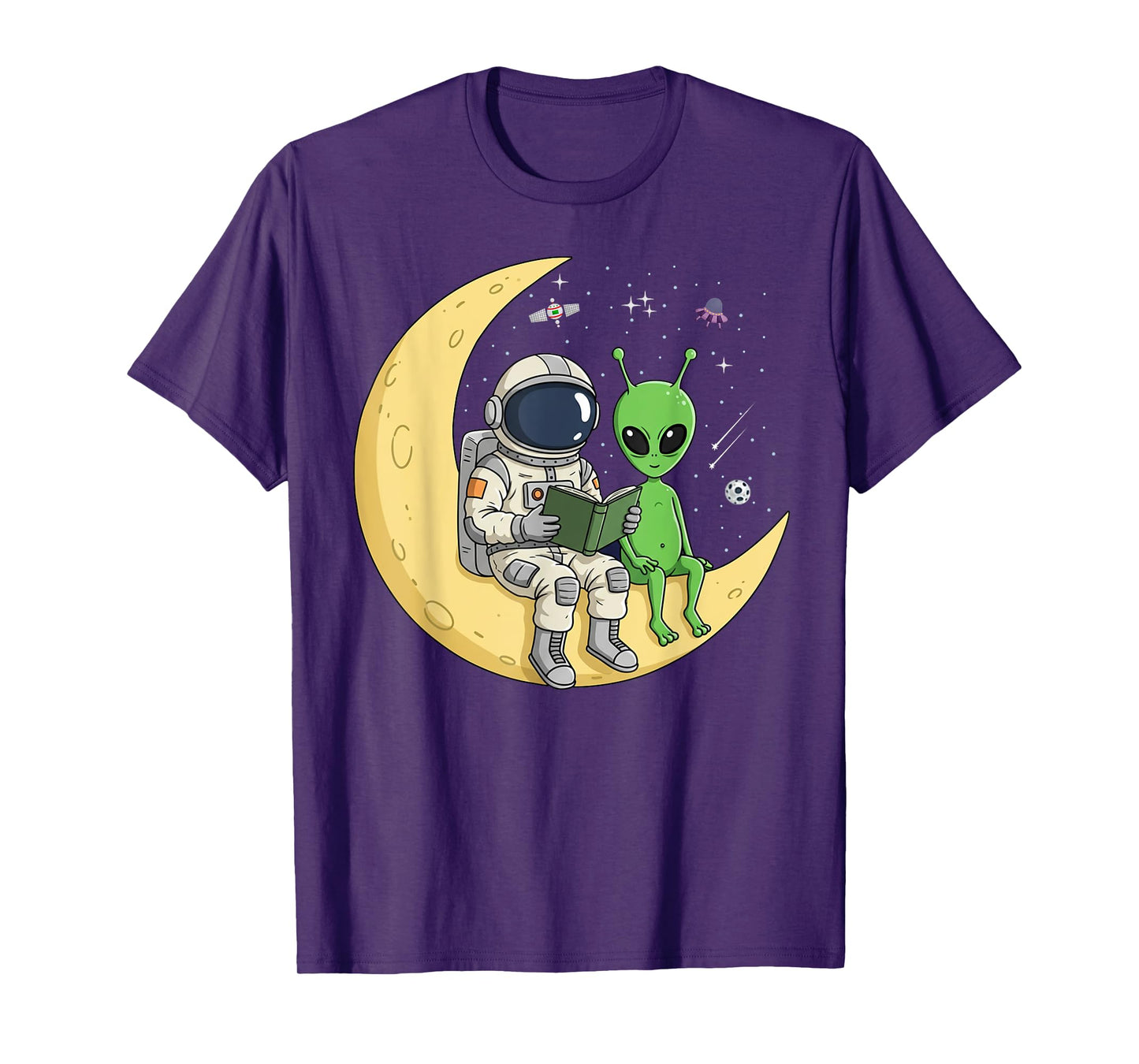 Astronaut Reading Book To Alien Moon Space Women Kids Men T-Shirt