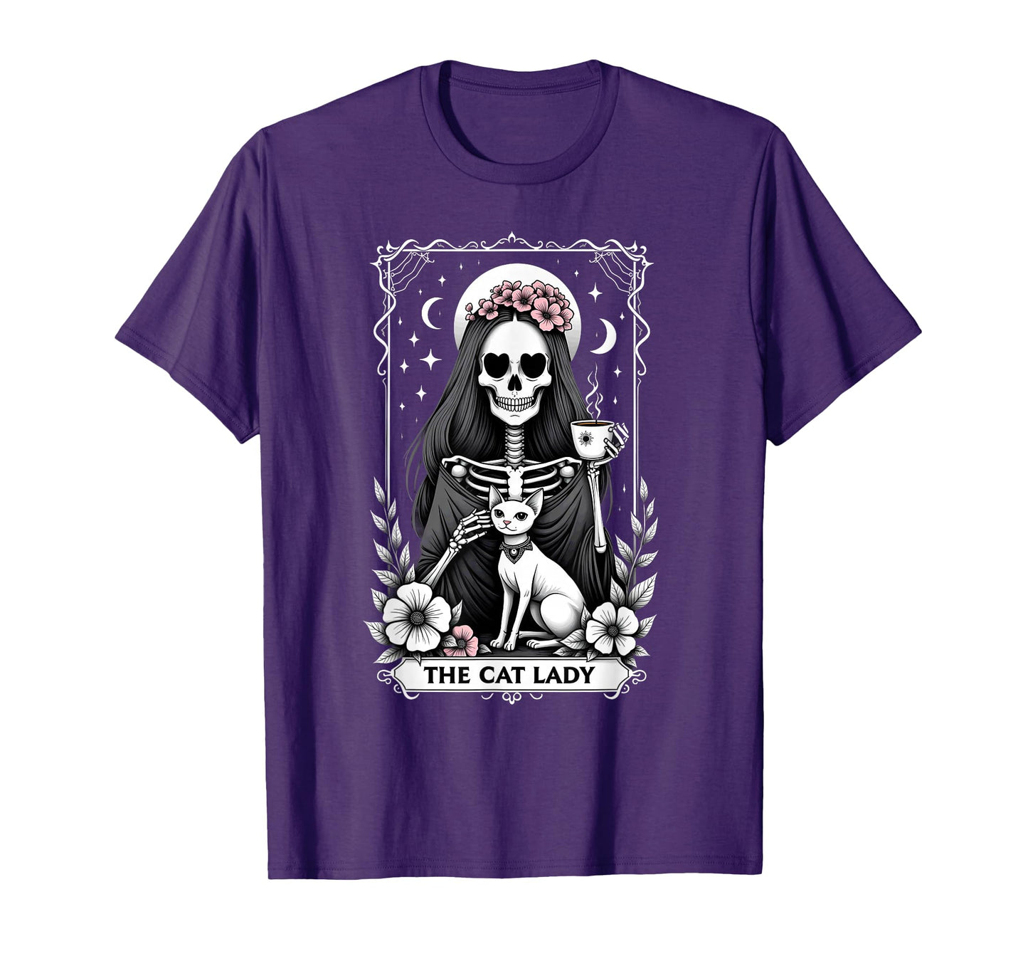 Gothic Tarot Card Cat Lady Skeleton Coffee T-Shirt
