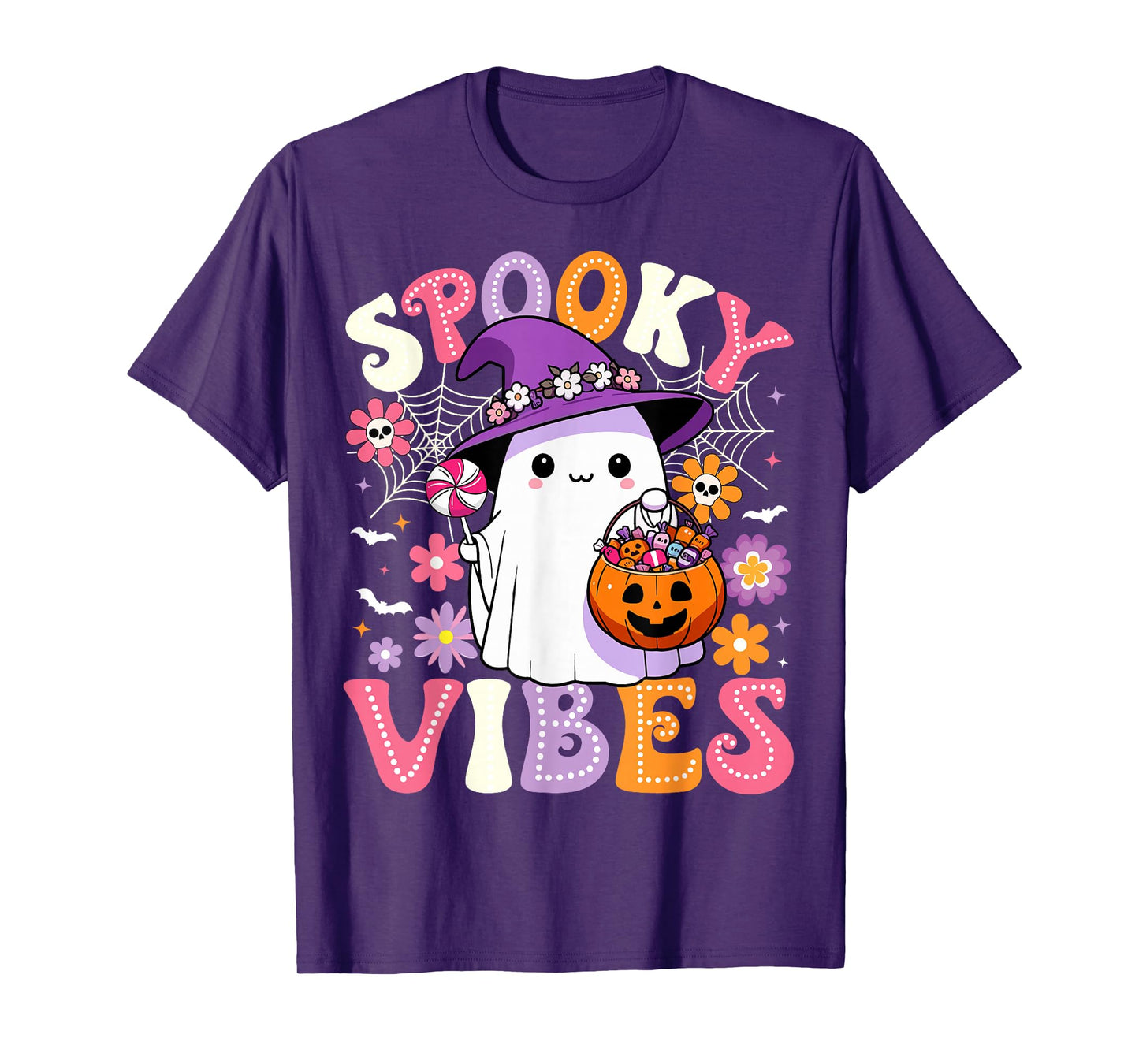 Groovy Spooky Vibes Retro Ghost Holding Pumpkin Halloween T-Shirt