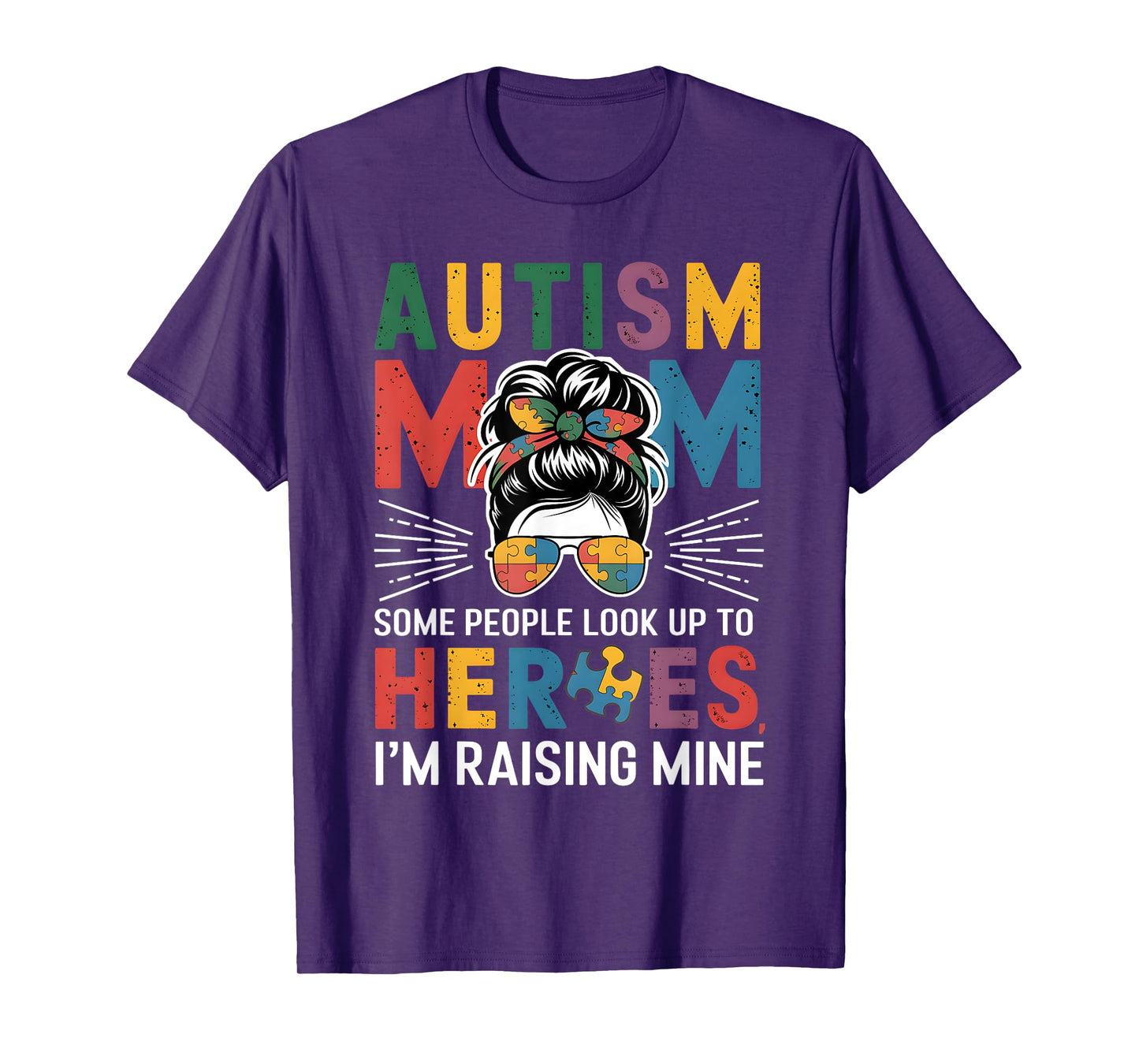 Autism Mom Raising Hero Groovy Messy Bun Autism Awareness T-Shirt