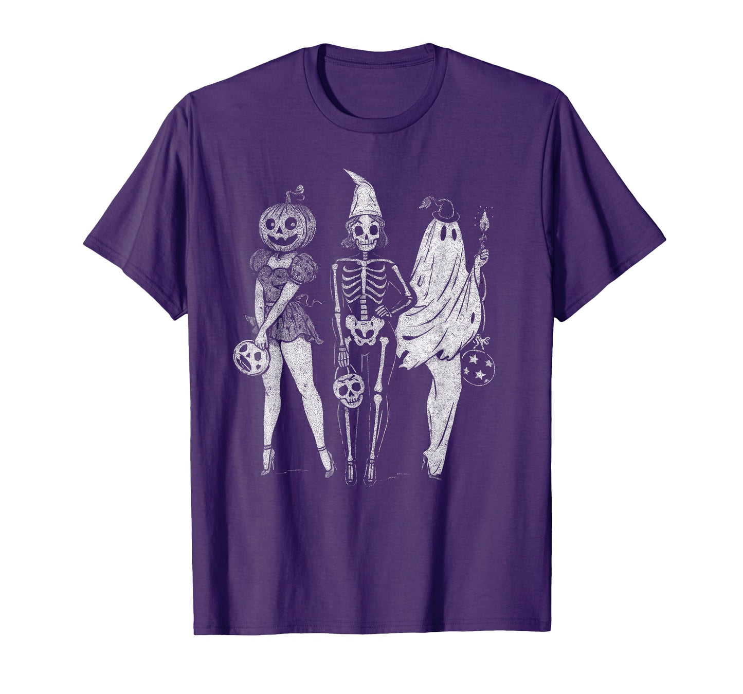 Vintage Halloween Pumpkin Skeleton Ghost Trio T-Shirt