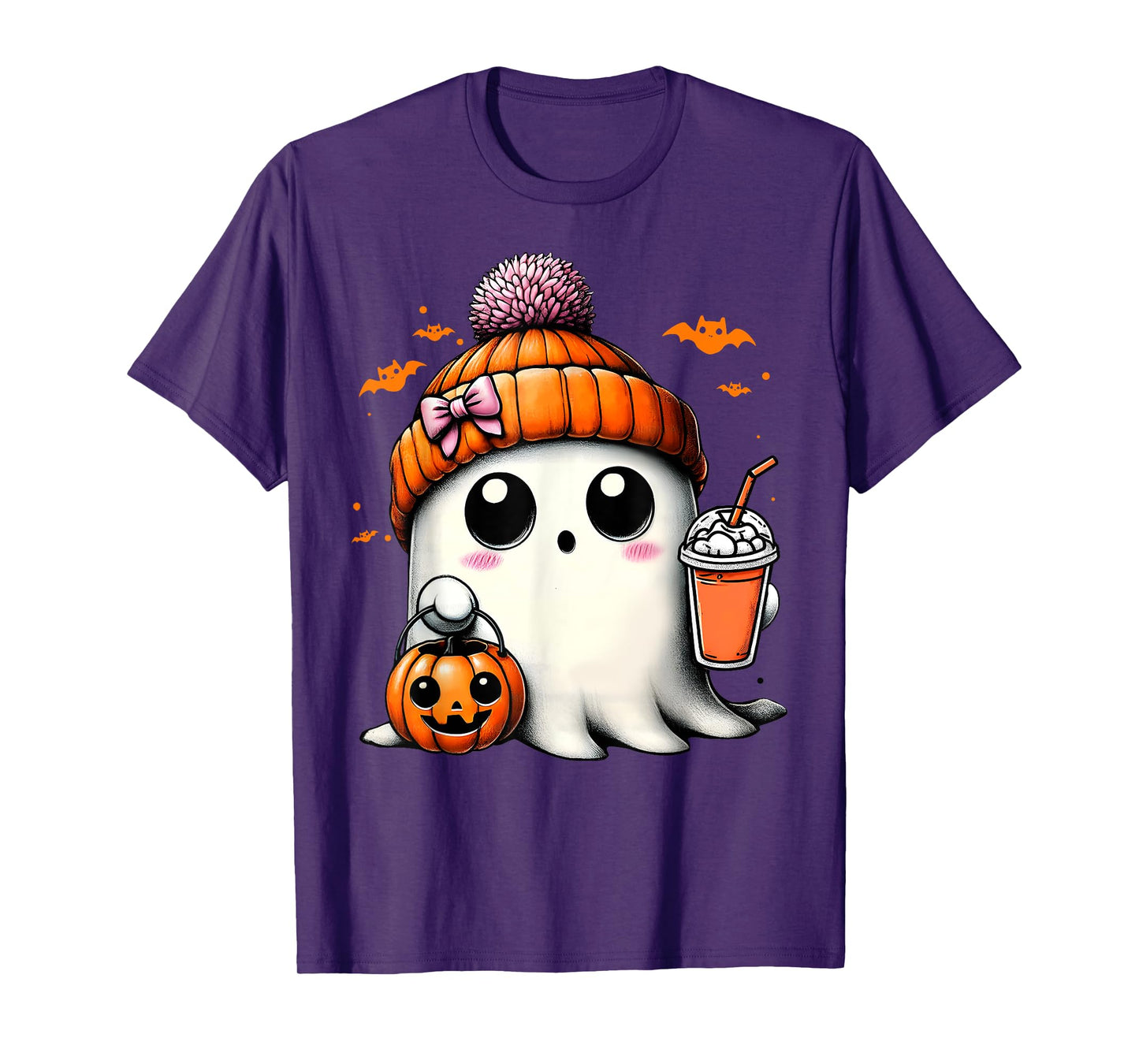 Cute Ghost Drinking Coffee Halloween Ghost Ice Coffee Womens T-Shirt