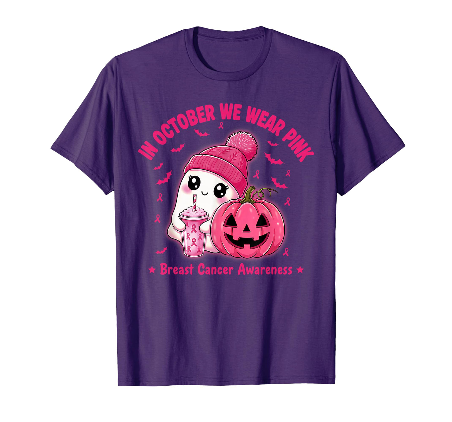 in October We Wear Pink Cute Ghost Breast Cancer Awareness T-Shirt