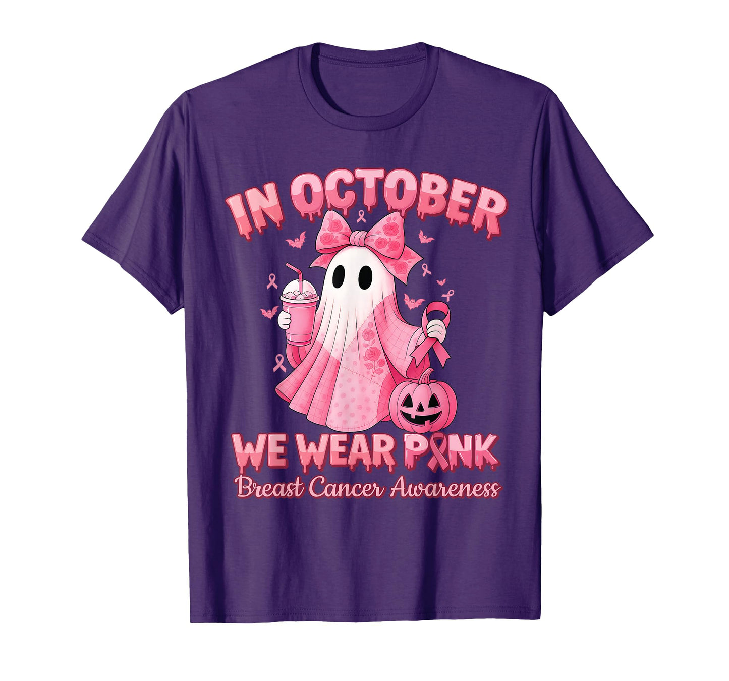 in October We Wear Pink Ghost Witch Breast Cancer Awareness T-Shirt