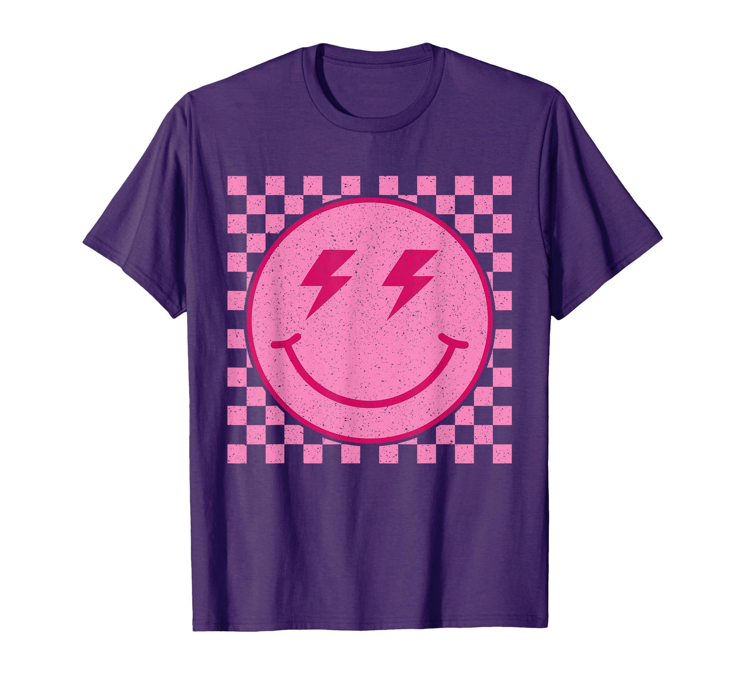 Retro Pink Happy Face Checkered Pattern Smile Face Trendy T-Shirt