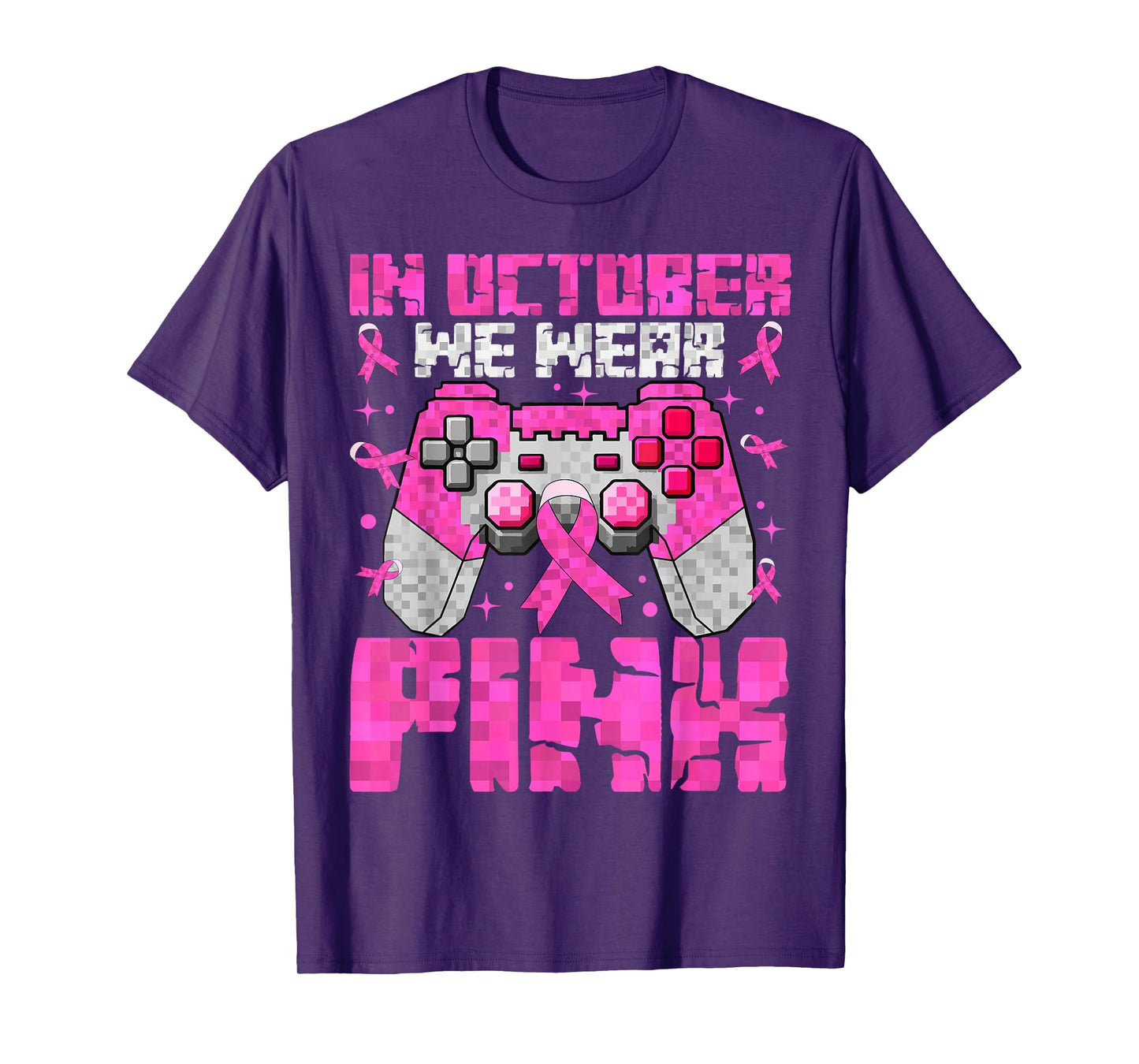 in October We Wear Pink Breast Cancer Pixel Game Kid Boy Men T-Shirt