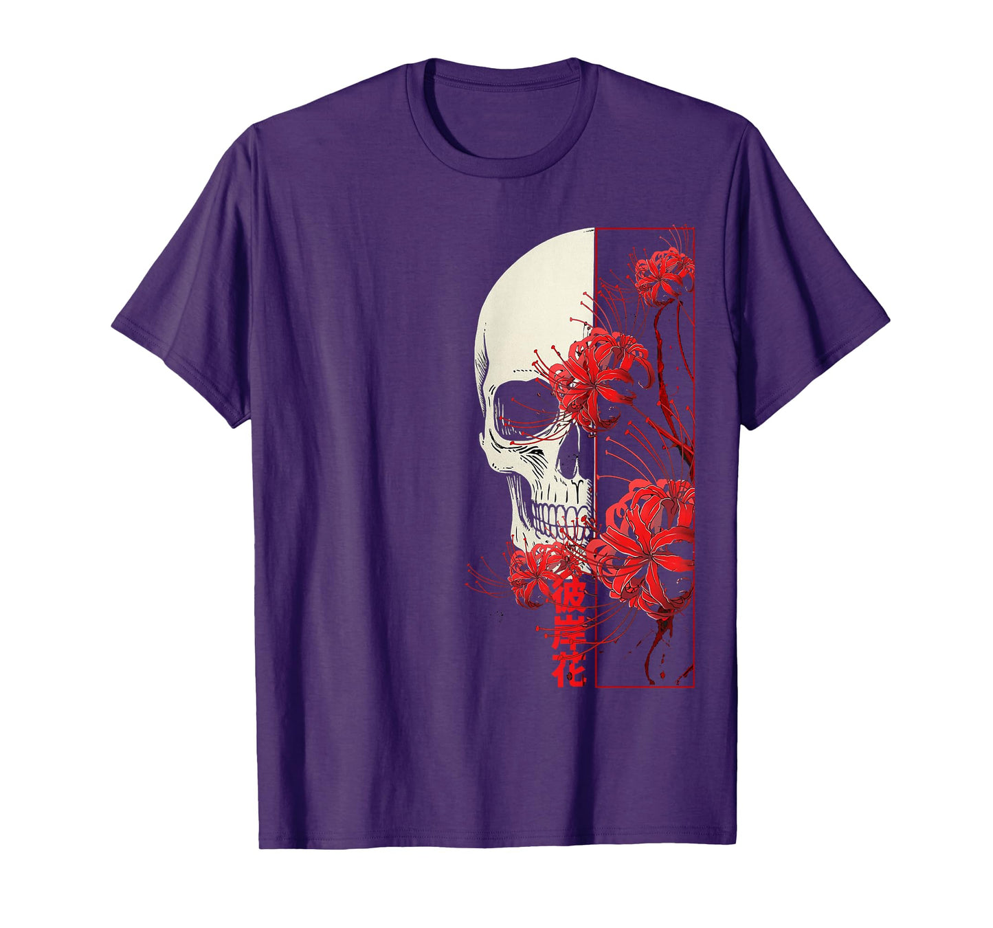 Skeleton Head Holding Red Spider Lily Aesthetic Red Flower T-Shirt