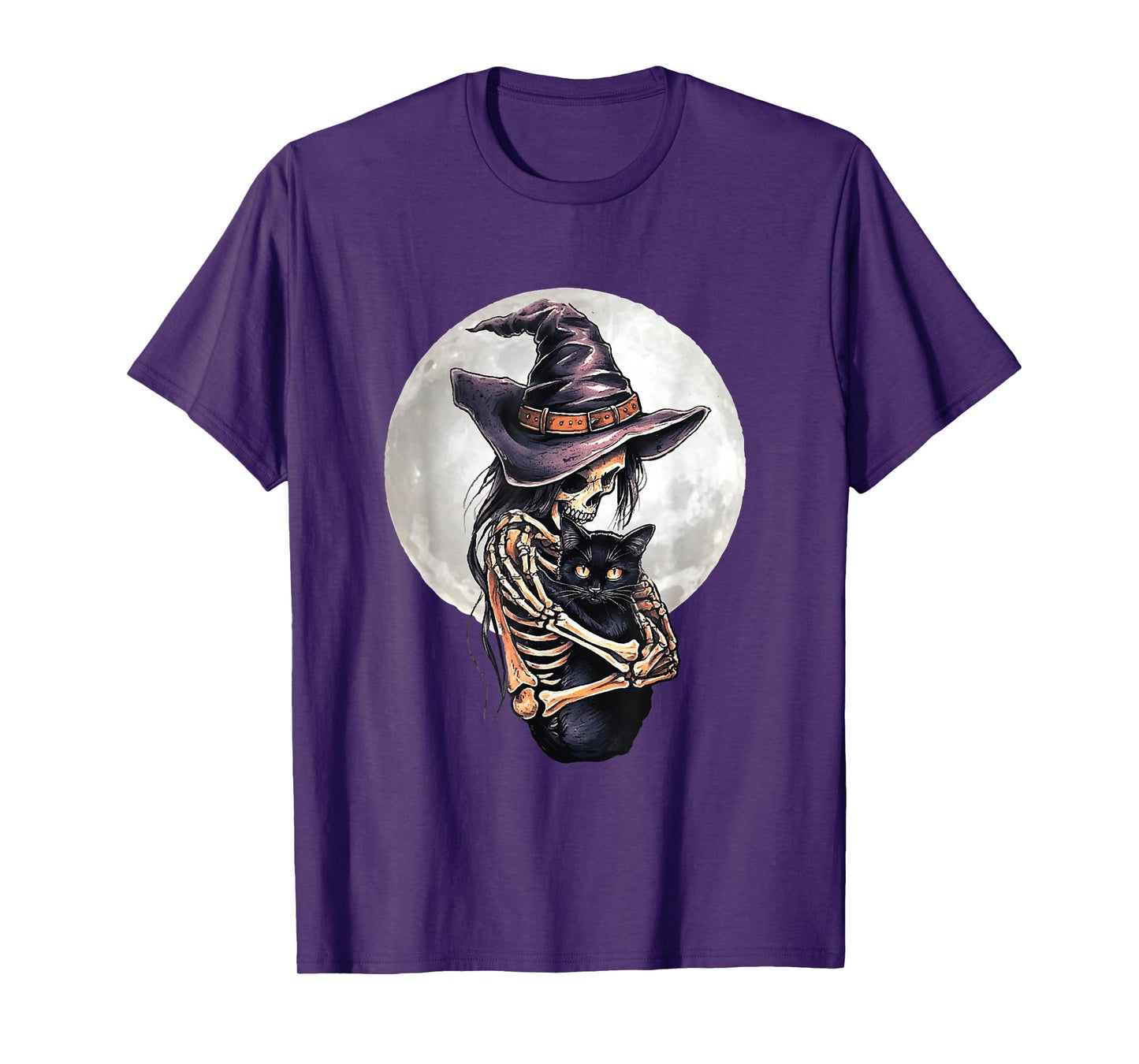 Witch Skeleton Holding Black Cat Full Moon Spooky Halloween T-Shirt