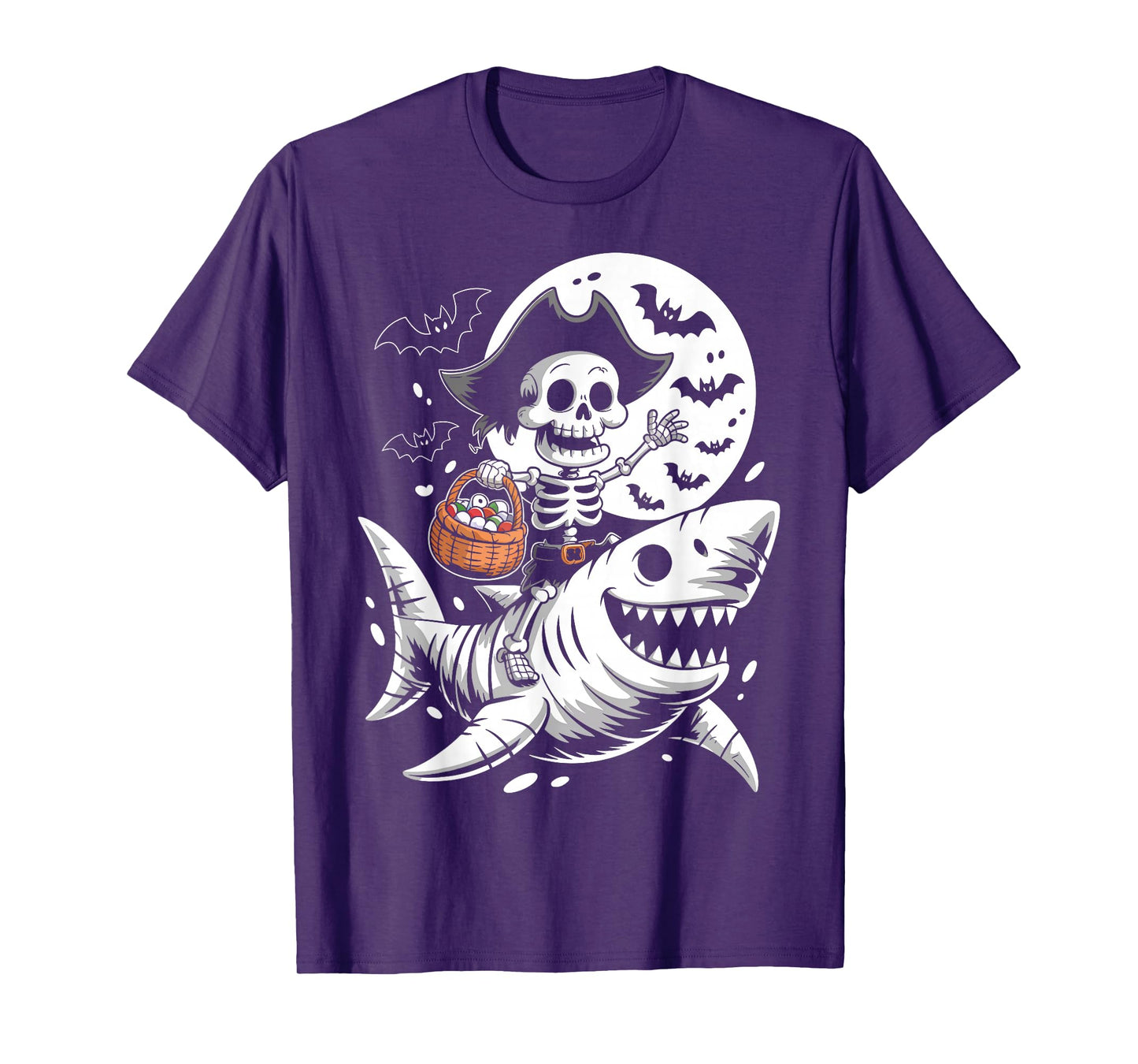 Skeleton Riding Mummy Shark Funny Halloween Pumpkin T-Shirt
