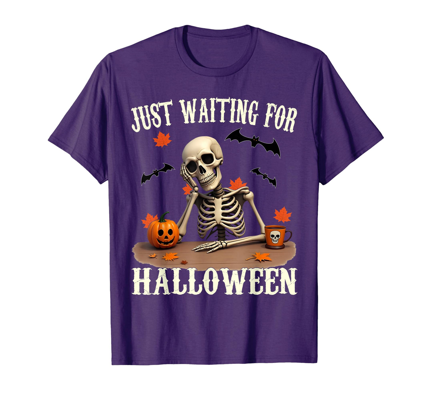 Retro Just Waiting for Halloween Skeleton Drinking Coffee T-Shirt