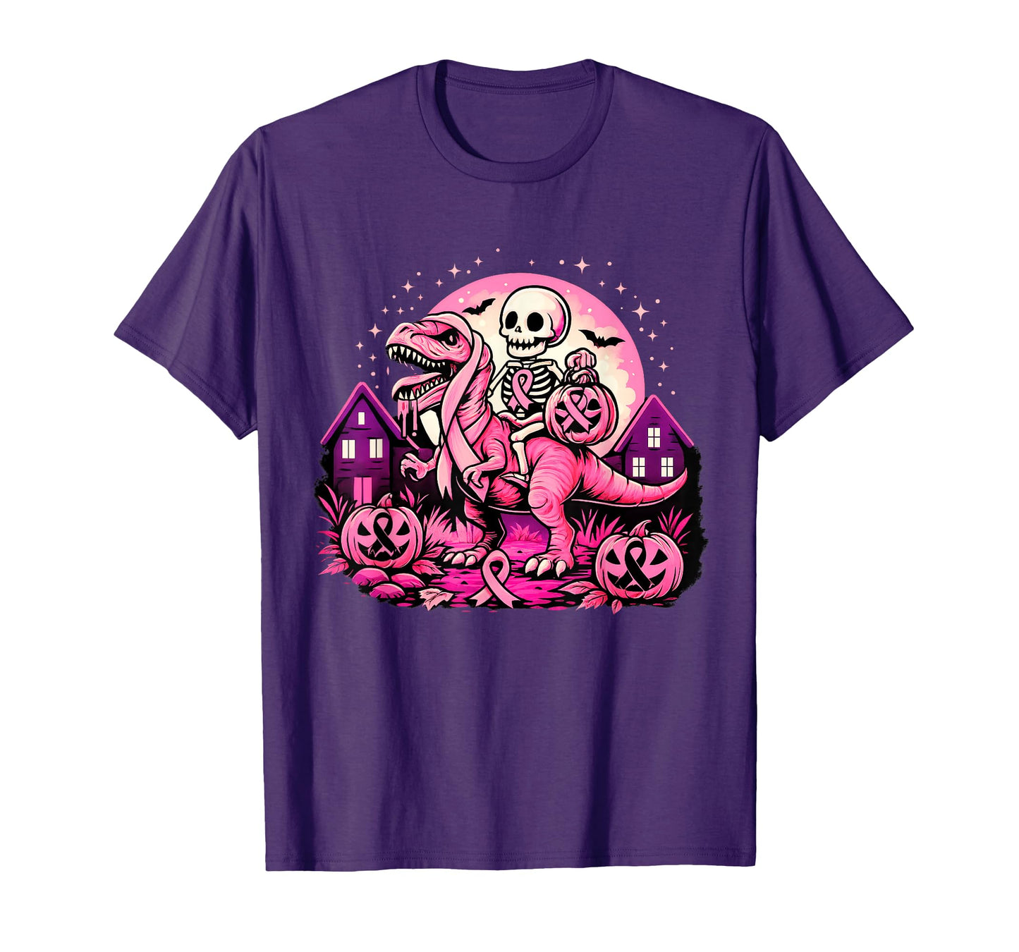 Skeleton Riding Dinosaur T Rex Scary Pumpkin Breast Cancer T-Shirt