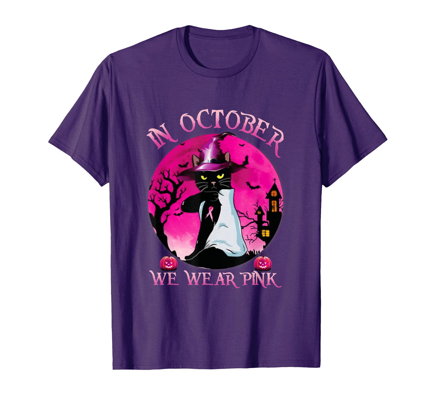 Black Cat In October We Wear Pink Funny Halloween Gifts T-Shirt