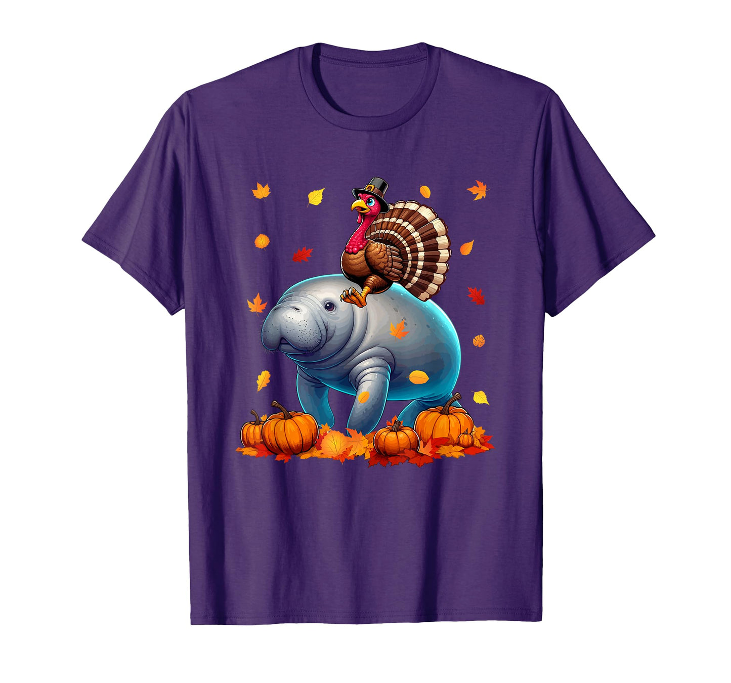 Turkey Riding Manatee Thanksgiving Fall Leaves Pumpkins T-Shirt