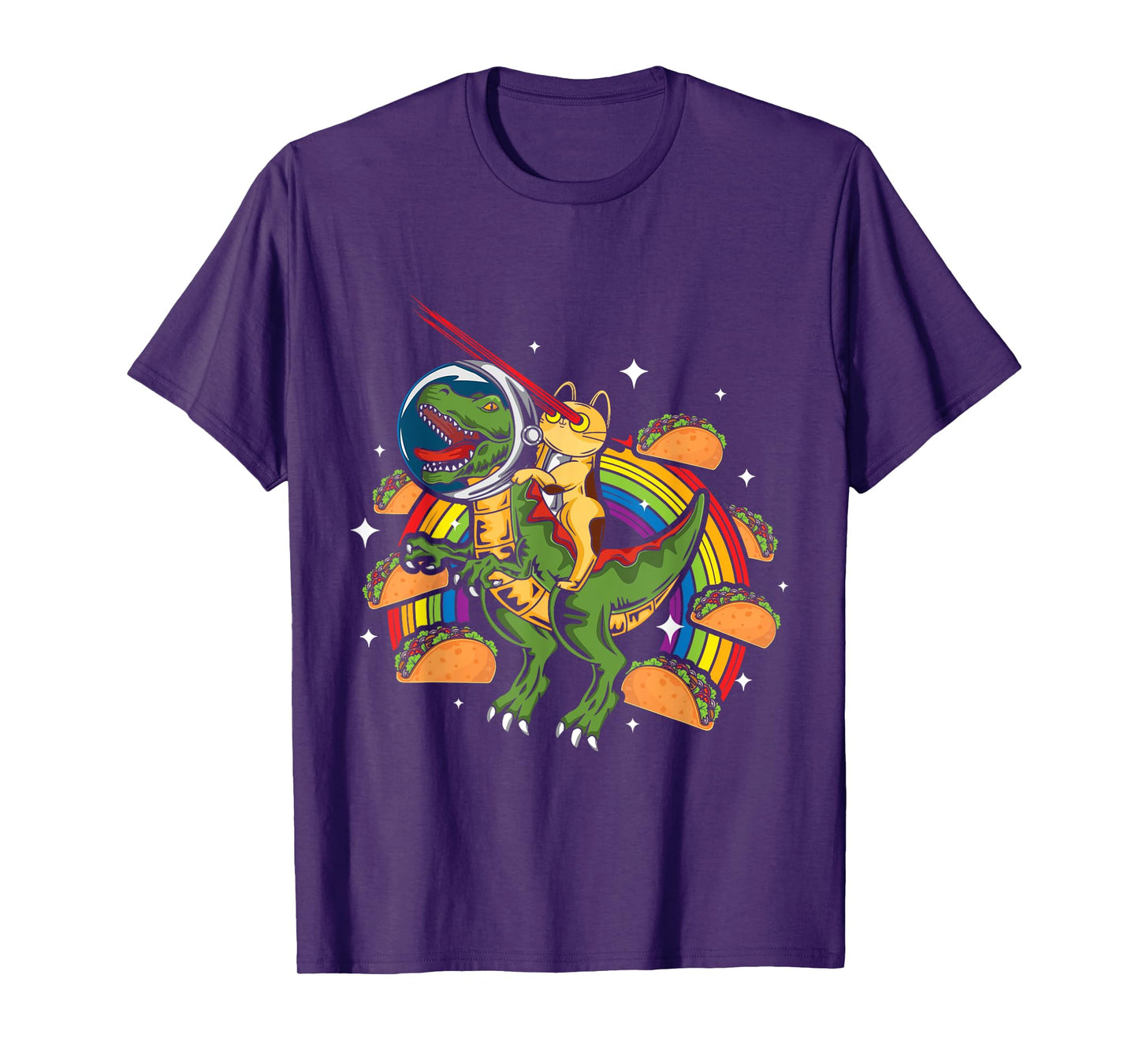 Crazy T-Rex Riding Cat Laser Eye Taco Rainbow Space Dinosaur T-Shirt for Men Women Girls Kids