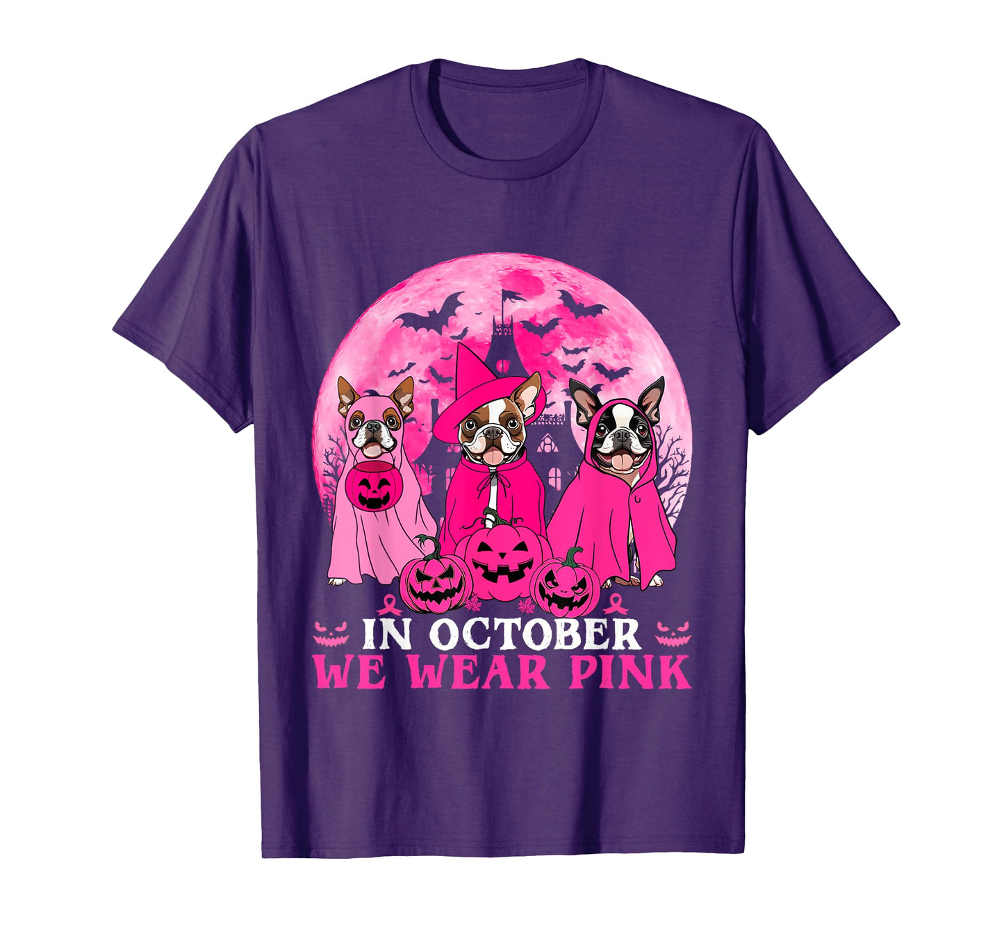 Ghost And Witch Boston Terrier Dog In October We Wear Pink T-Shirt