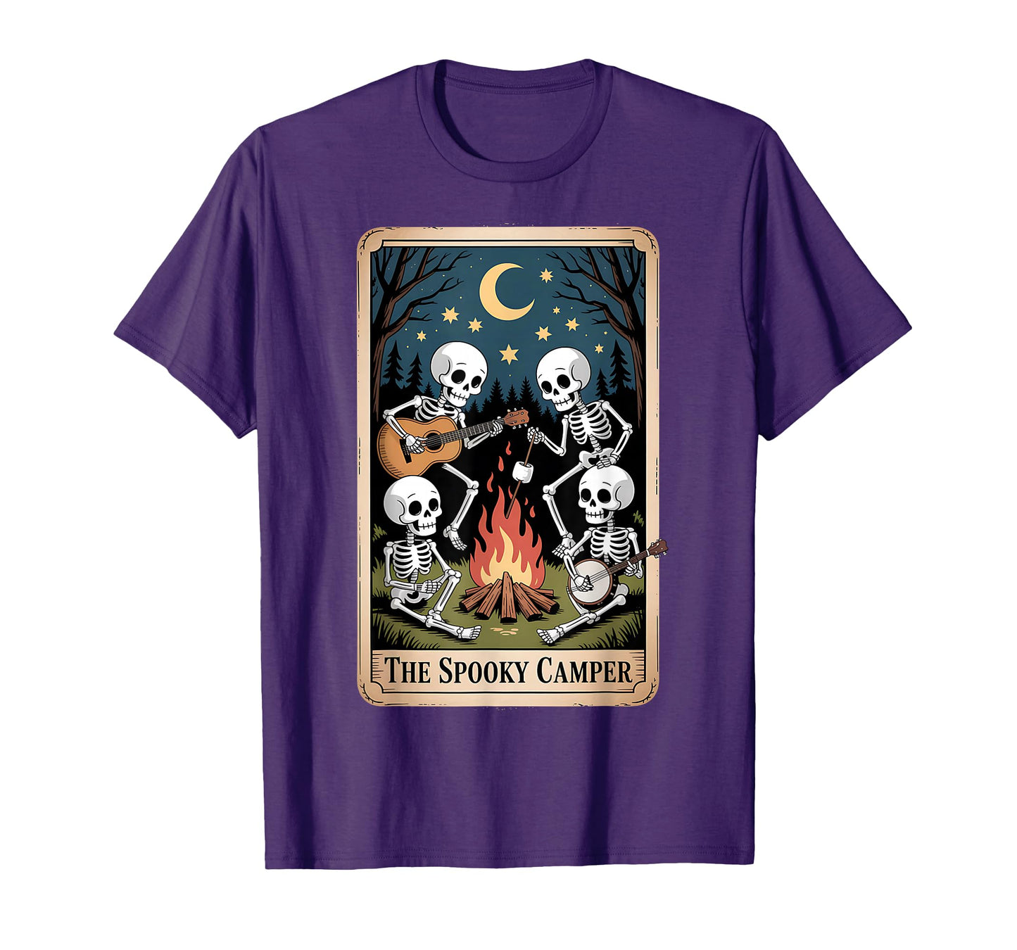 Spooky Skeleton Camper Halloween Night Campfire Funny Tarot T-Shirt