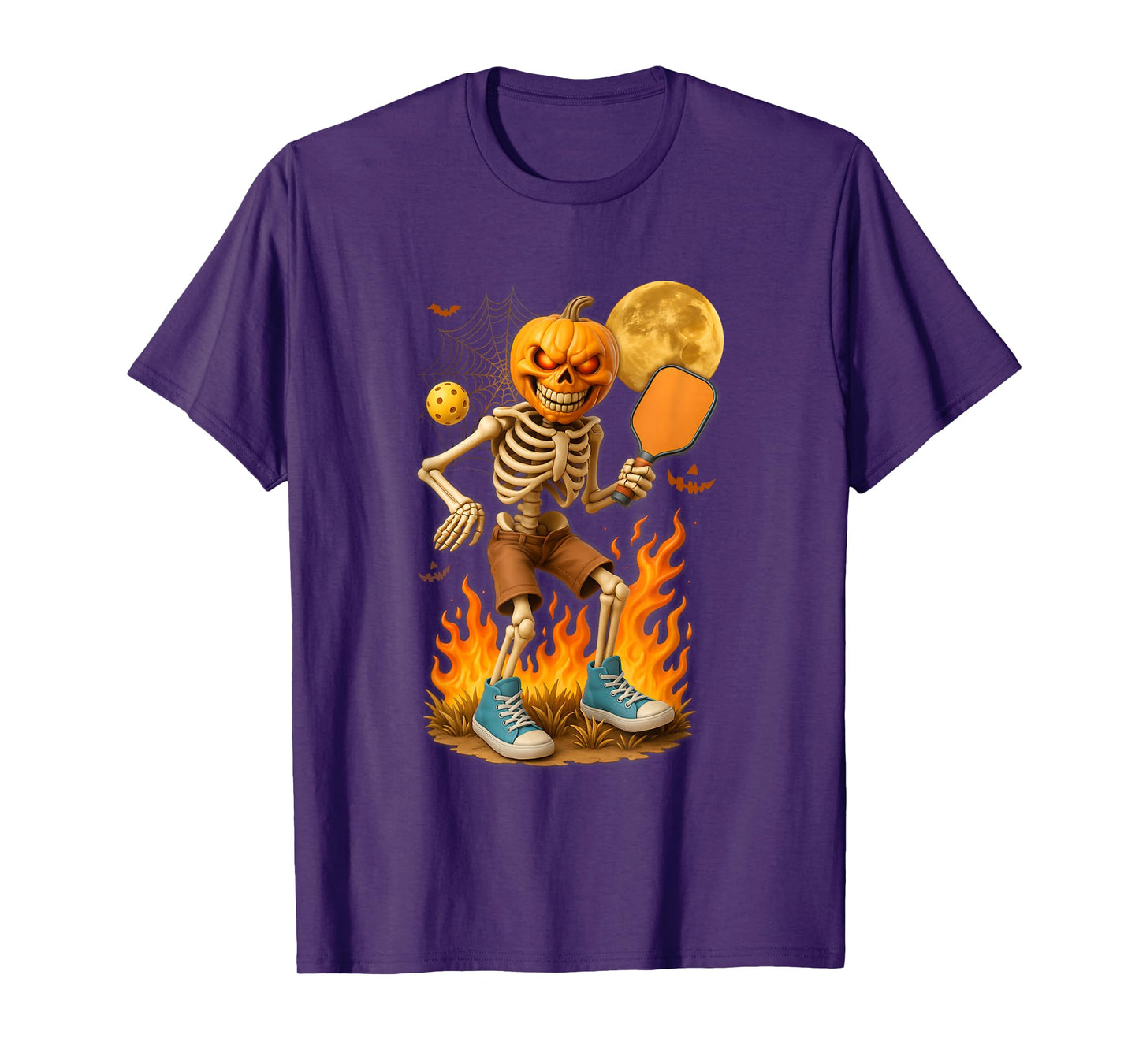 Pumpkin Head Skeleton Playing Pickleball Sports Halloween T-Shirt