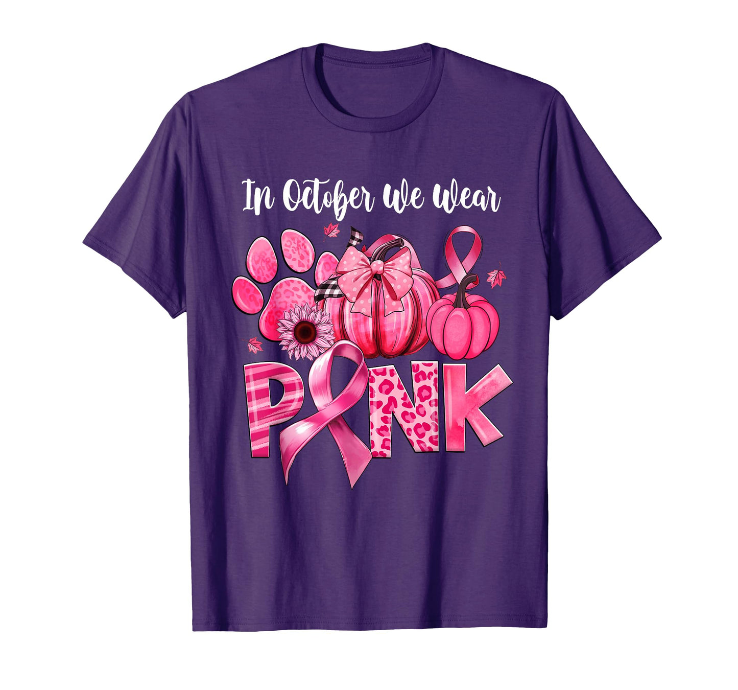 In October We Wear Pink Dog Paw Pumpkin Breast Cancer T-Shirt
