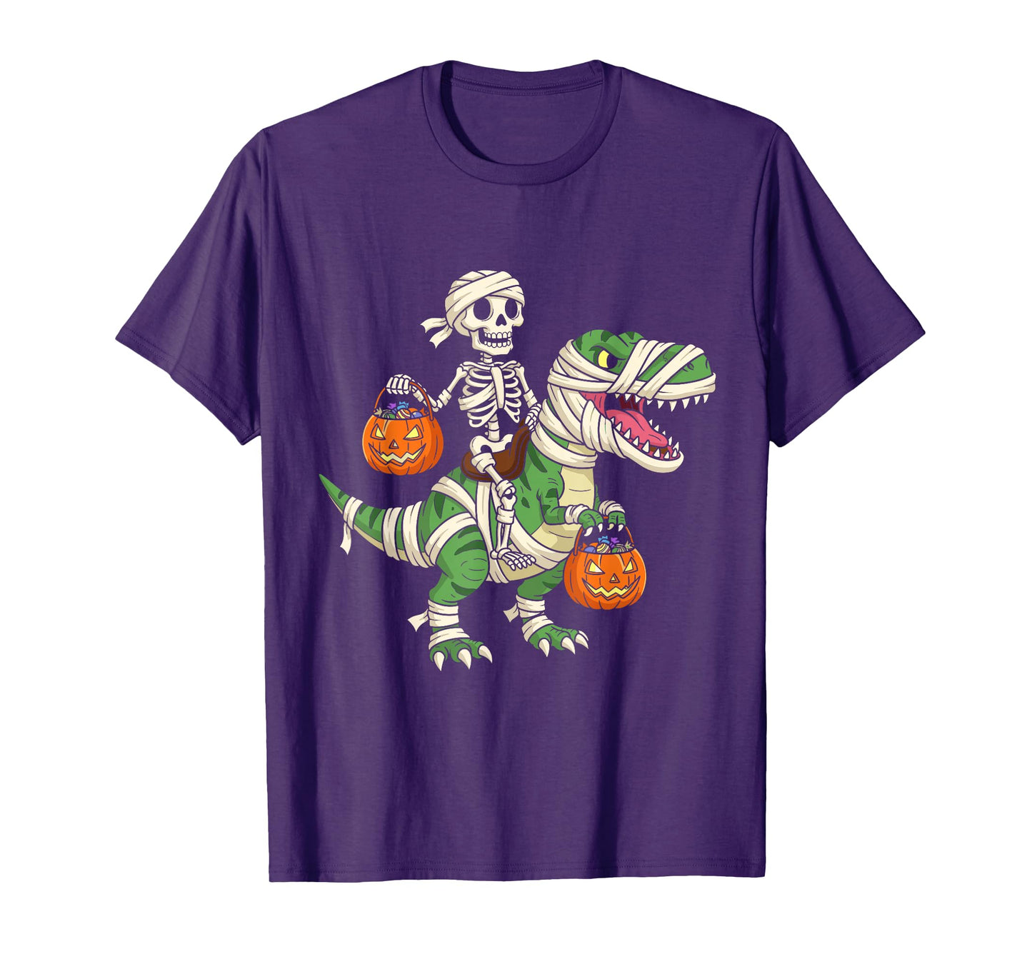 Skeleton Riding Mummy Dinosaur T-Rex Funny Halloween Pumpkin T-Shirt