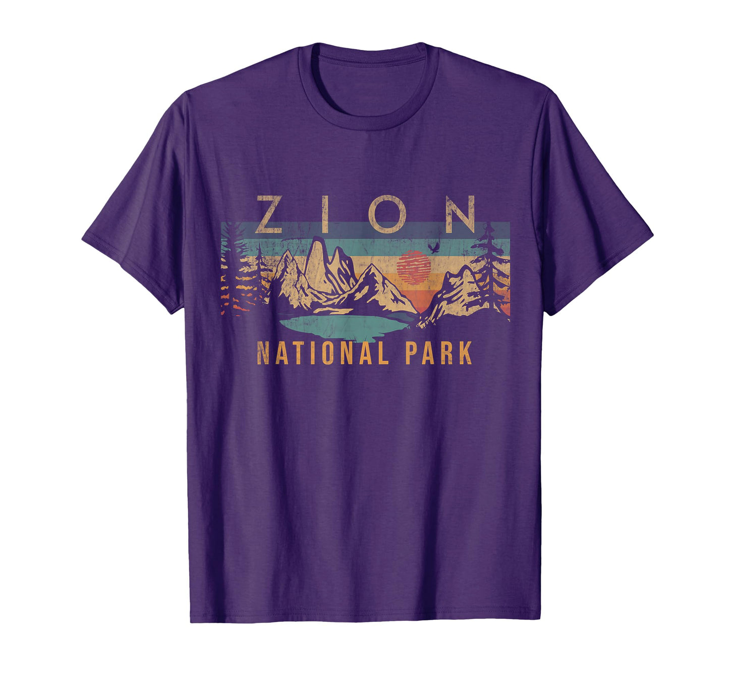 Zion National Park Utah USA Outdoor Vintage T-Shirt - Red - Unisex-Adults, Kids - Short Sleeve - Crew Neck - Classic Fit - Cotton Blend - Retro Sunset Design - Hiking, Travel - Small
