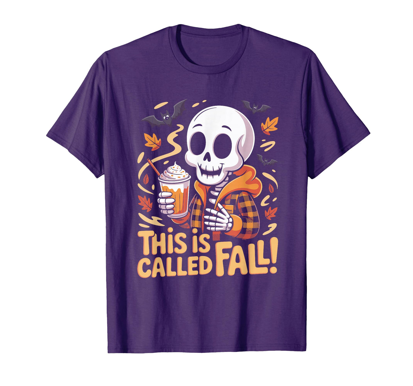 Halloween Skeleton Holding Latte - Bats and Leaves T-Shirt
