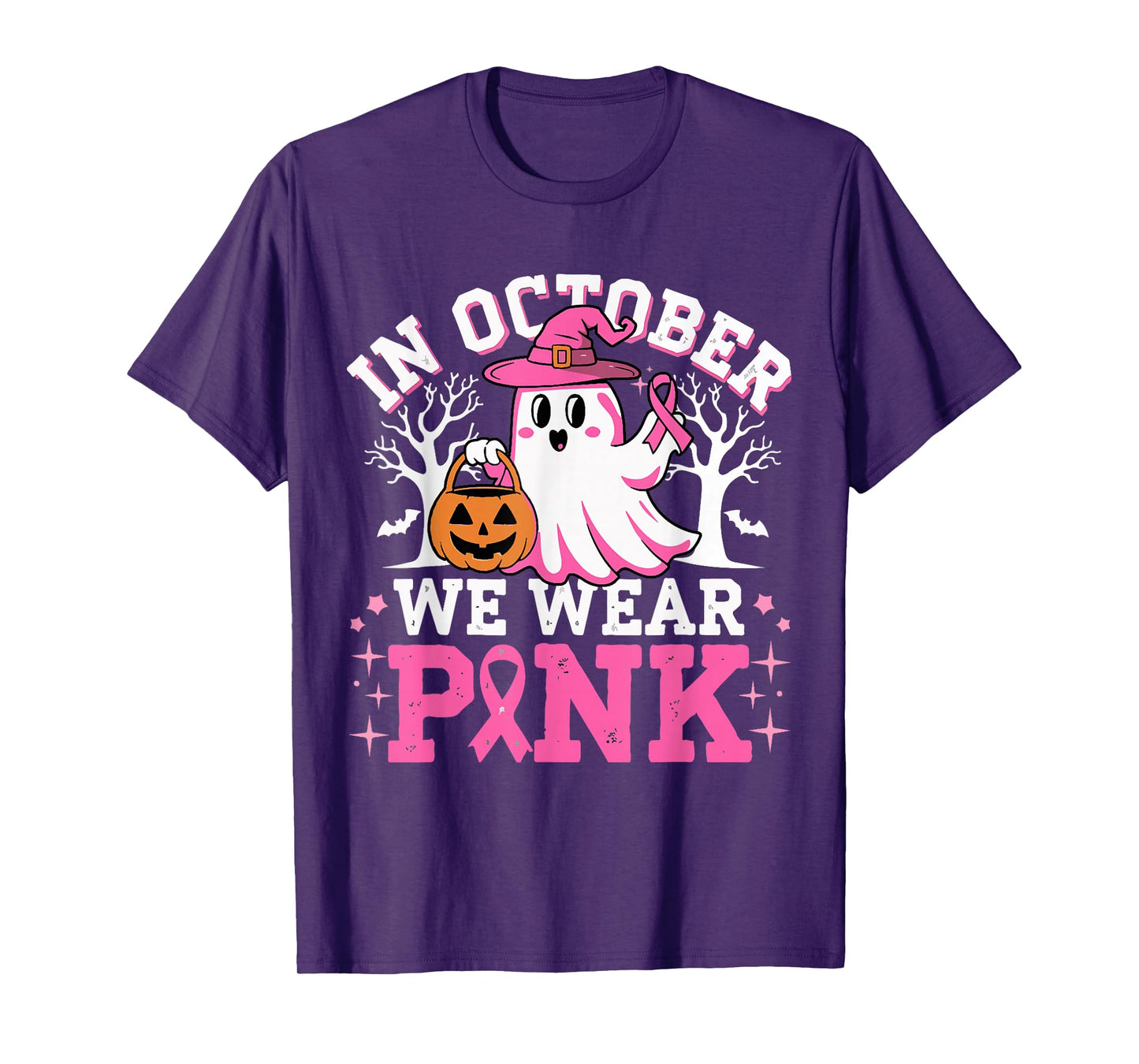 In October We Wear Pink Witch Ghost Halloween Breast Cancer T-Shirt