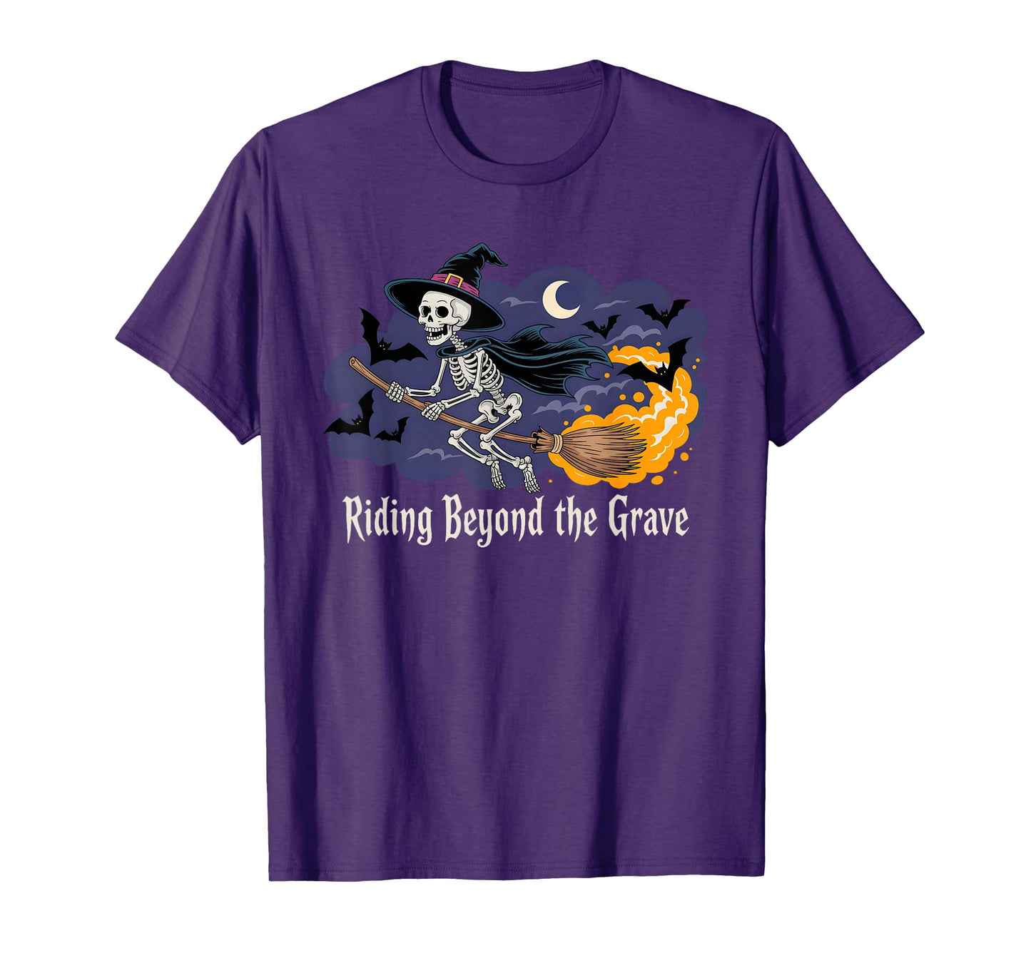 Skeleton Witch Hat Flying Broom Halloween Bats Moon Rider T-Shirt