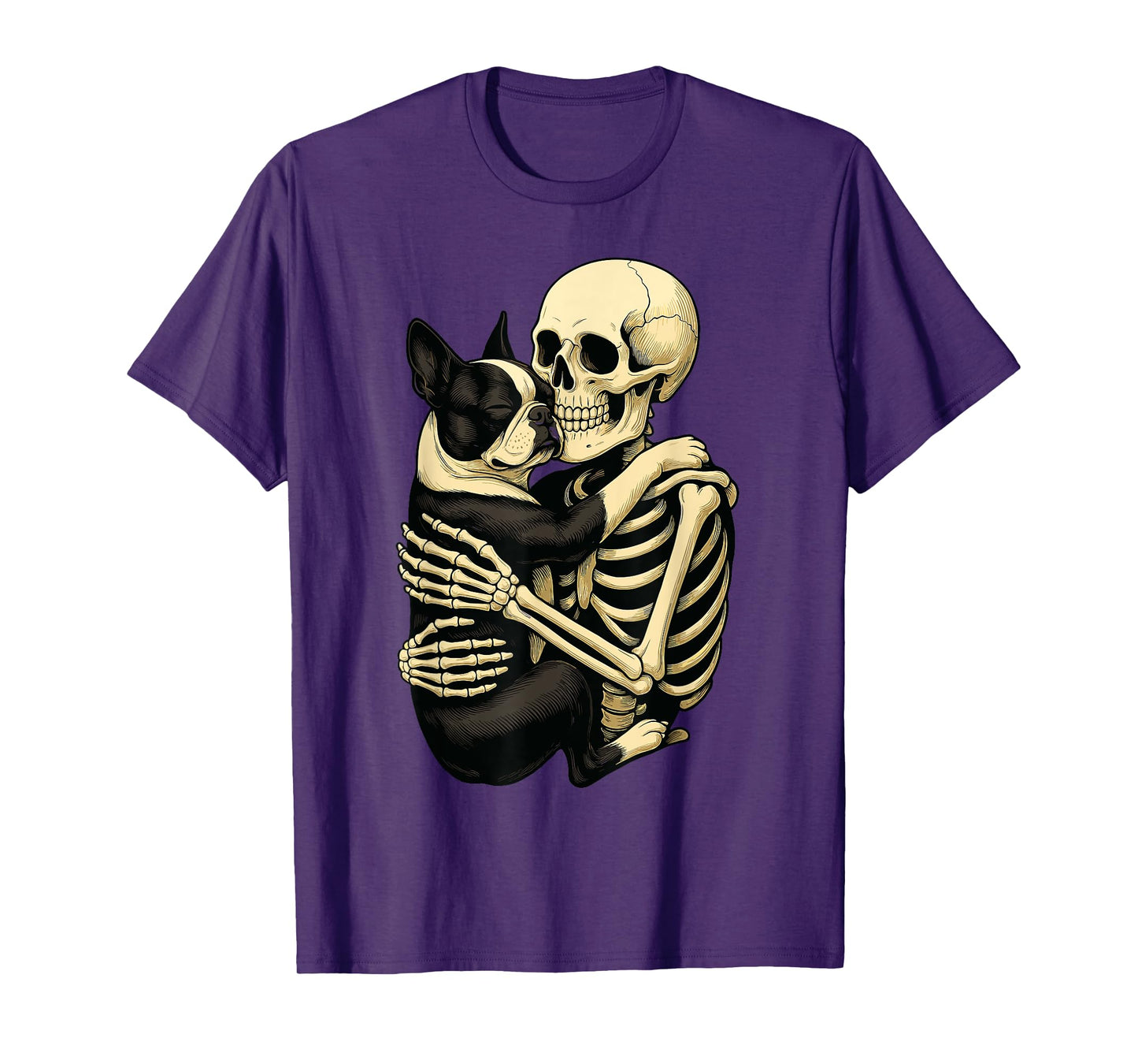 Skeleton Hugging Boston Terrier T-Shirt