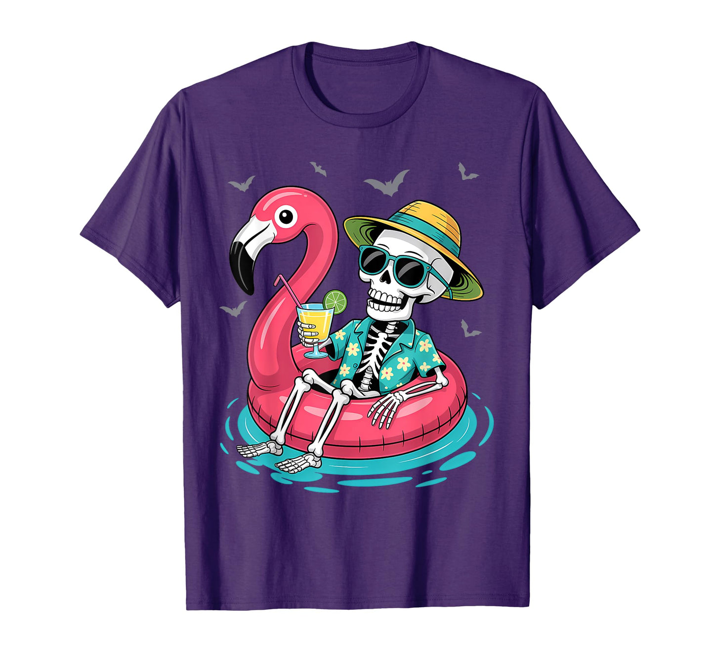 Skeleton Relaxing On Flamingo Float Beach Vibes Halloween T-Shirt